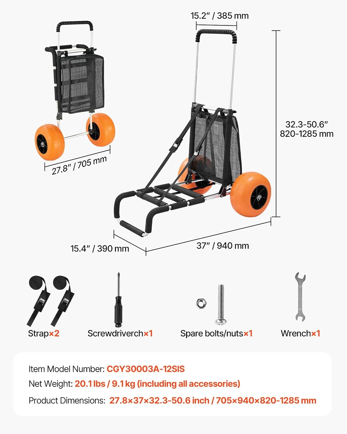 image:imageVEVOR Beach Dolly with Big Wheels for Sand 154 x 157 Cargo Deck w 10 PE Solid Wheels 69LBS Loading Capacity Folding Sand Cart Heavy Duty Cart for Picnic Camping Fishing Beach Gardening30 x 15 Cargo Deck 12 Balloon Wheels