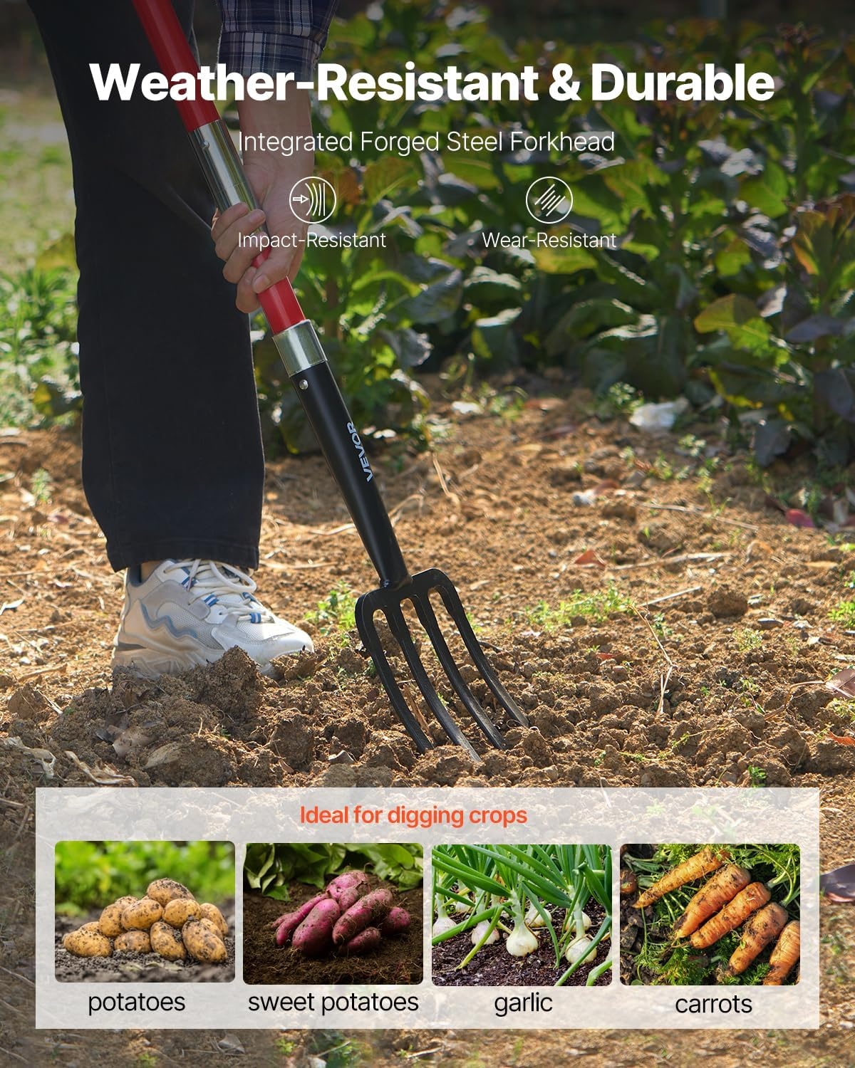 image:imageVEVOR Broad Fork 5Tine Pitchfork with Dual Fiberglass Handles Heavy Duty Garden Fork Ergonomic UShaped Design Broadfork Hand Tiller Gardening Tool for Composting Transplanting Aeration4Tine
