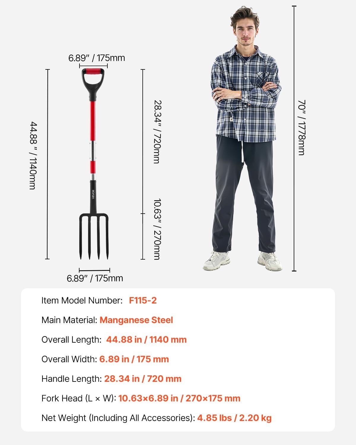 image:imageVEVOR Broad Fork 5Tine Pitchfork with Dual Fiberglass Handles Heavy Duty Garden Fork Ergonomic UShaped Design Broadfork Hand Tiller Gardening Tool for Composting Transplanting Aeration4Tine