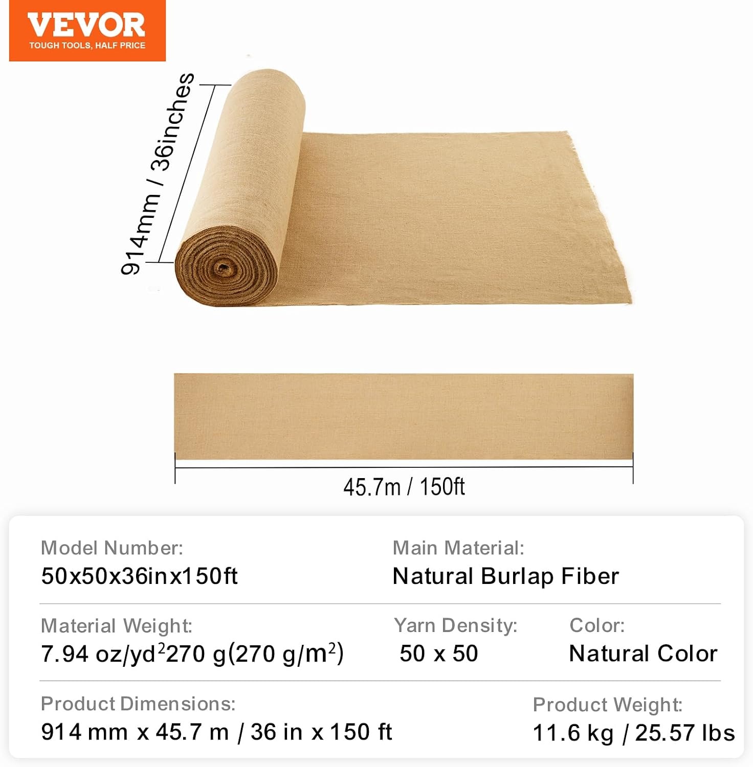 image:imageVEVOR Burlap Fabric Roll 40 x 75 ft High Density Wide Natural Burlap Fabric Rolls Jute Fabric Burlap Tree Wrap Roll for Gardening Home Decor Crafts Plant amp Tree Winter Covering36 inch x 150 ft