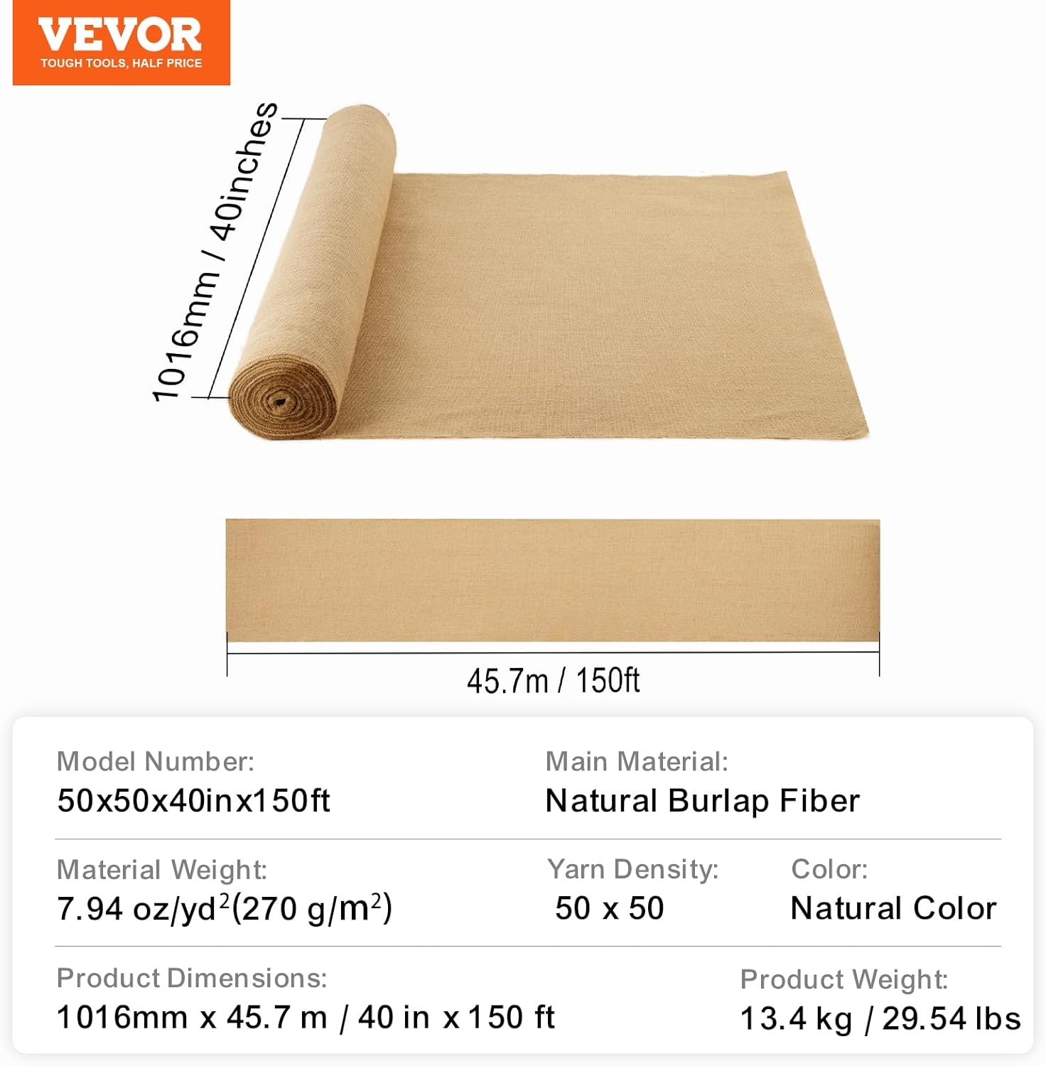 image:imageVEVOR Burlap Fabric Roll 40 x 75 ft High Density Wide Natural Burlap Fabric Rolls Jute Fabric Burlap Tree Wrap Roll for Gardening Home Decor Crafts Plant amp Tree Winter Covering40 inch x 150 ft