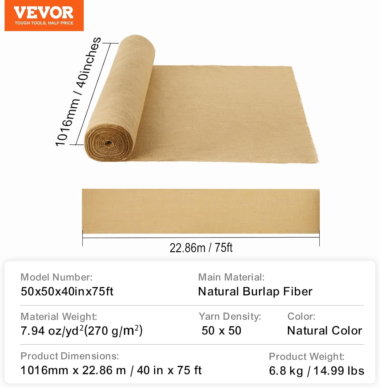 image:imageVEVOR Burlap Fabric Roll 40 x 75 ft High Density Wide Natural Burlap Fabric Rolls Jute Fabric Burlap Tree Wrap Roll for Gardening Home Decor Crafts Plant amp Tree Winter Covering40 inch x 75 ft