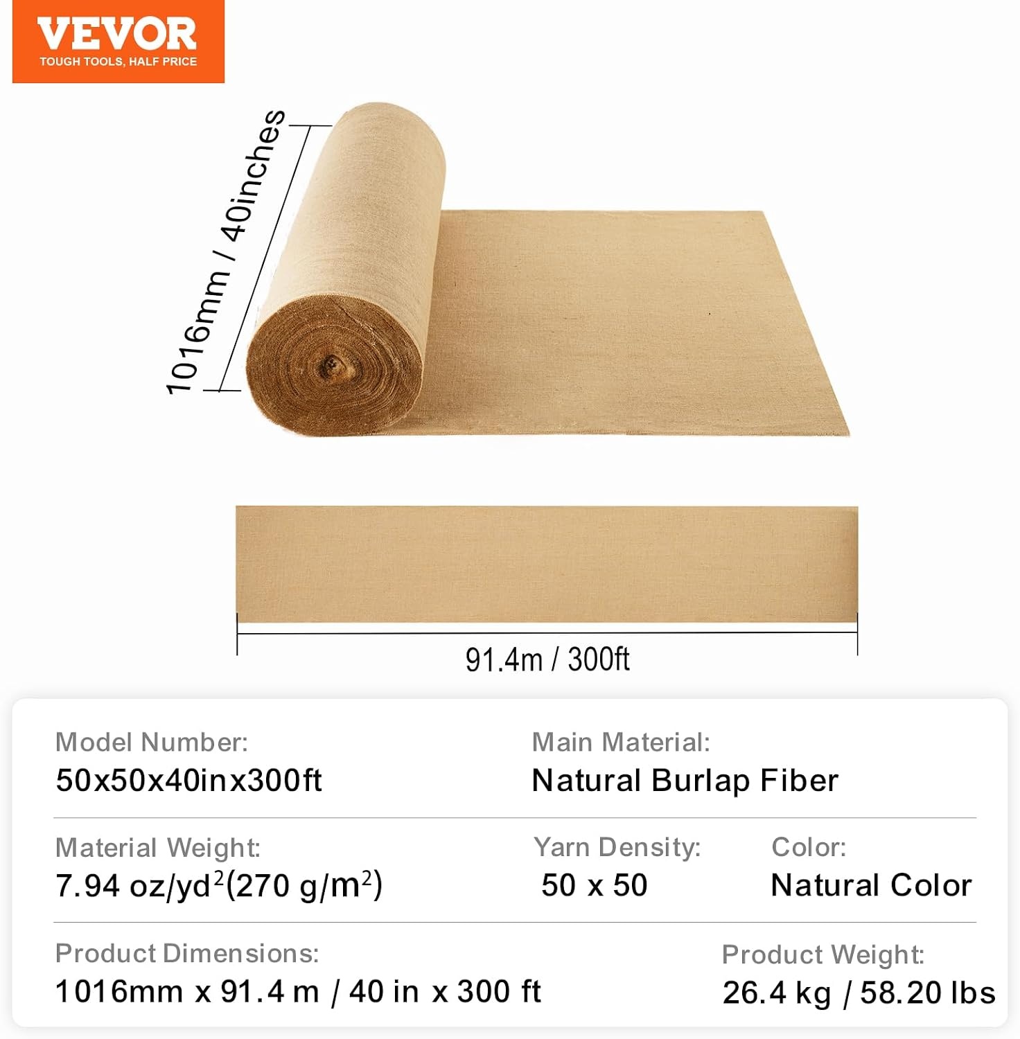 image:imageVEVOR Burlap Fabric Roll 40 x 75 ft High Density Wide Natural Burlap Fabric Rolls Jute Fabric Burlap Tree Wrap Roll for Gardening Home Decor Crafts Plant amp Tree Winter Covering40 inch x 300 ft