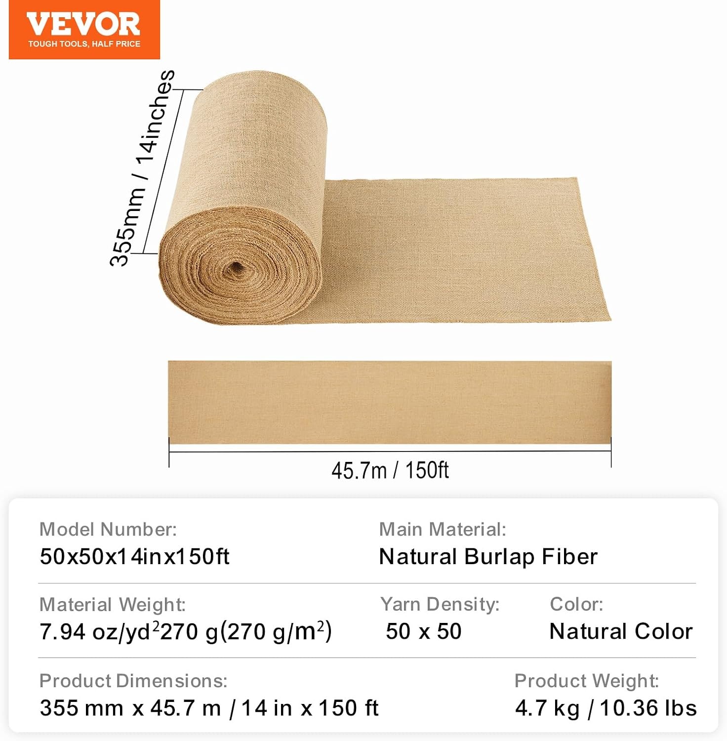 image:imageVEVOR Burlap Fabric Roll 40 x 75 ft High Density Wide Natural Burlap Fabric Rolls Jute Fabric Burlap Tree Wrap Roll for Gardening Home Decor Crafts Plant amp Tree Winter Covering14 inch x 150 ft