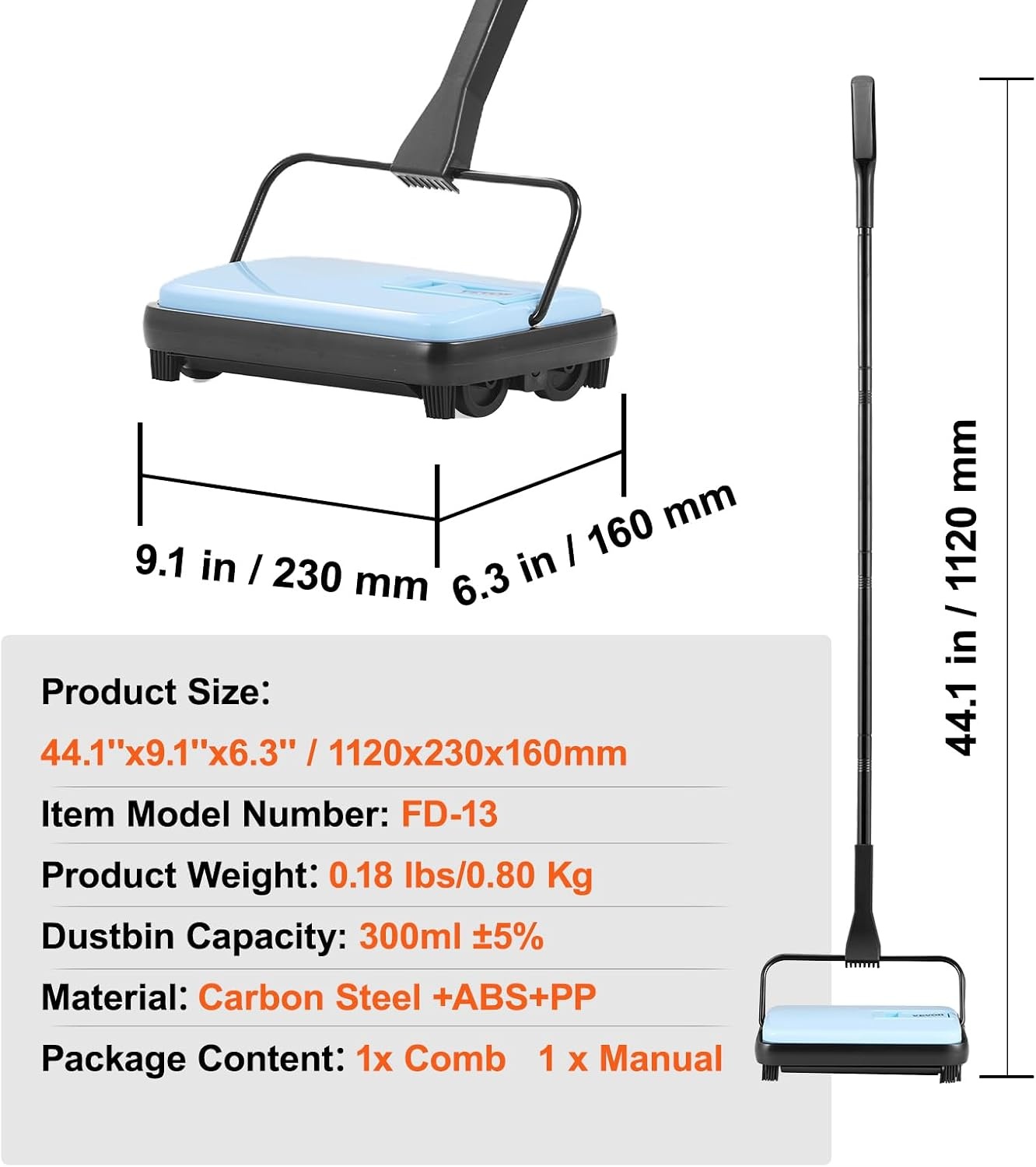 image:imageVEVOR Carpet Sweeper Manual Floor Sweeper with 300 ml Dustbin Capacity Easy to Empty 67 inch Cleaning Width for Home Office Carpets Pet Hair Dust PurpleBlue