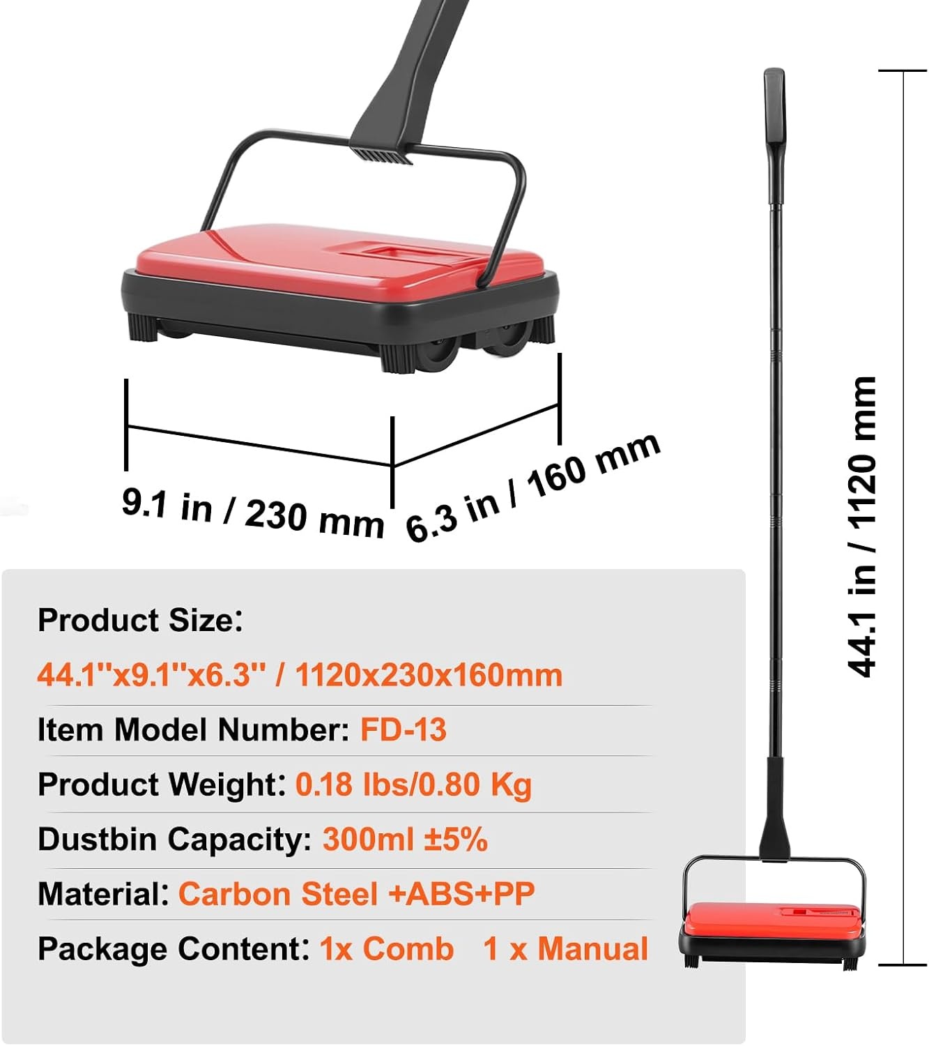 image:imageVEVOR Carpet Sweeper Manual Floor Sweeper with 300 ml Dustbin Capacity Easy to Empty 67 inch Cleaning Width for Home Office Carpets Pet Hair Dust PurpleRed