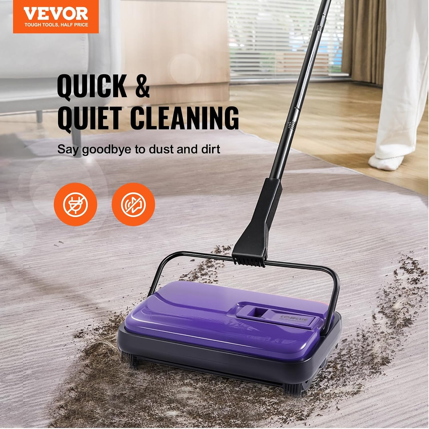 image:imageVEVOR Carpet Sweeper Manual Floor Sweeper with 300 ml Dustbin Capacity Easy to Empty 67 inch Cleaning Width for Home Office Carpets Pet Hair Dust PurplePurple