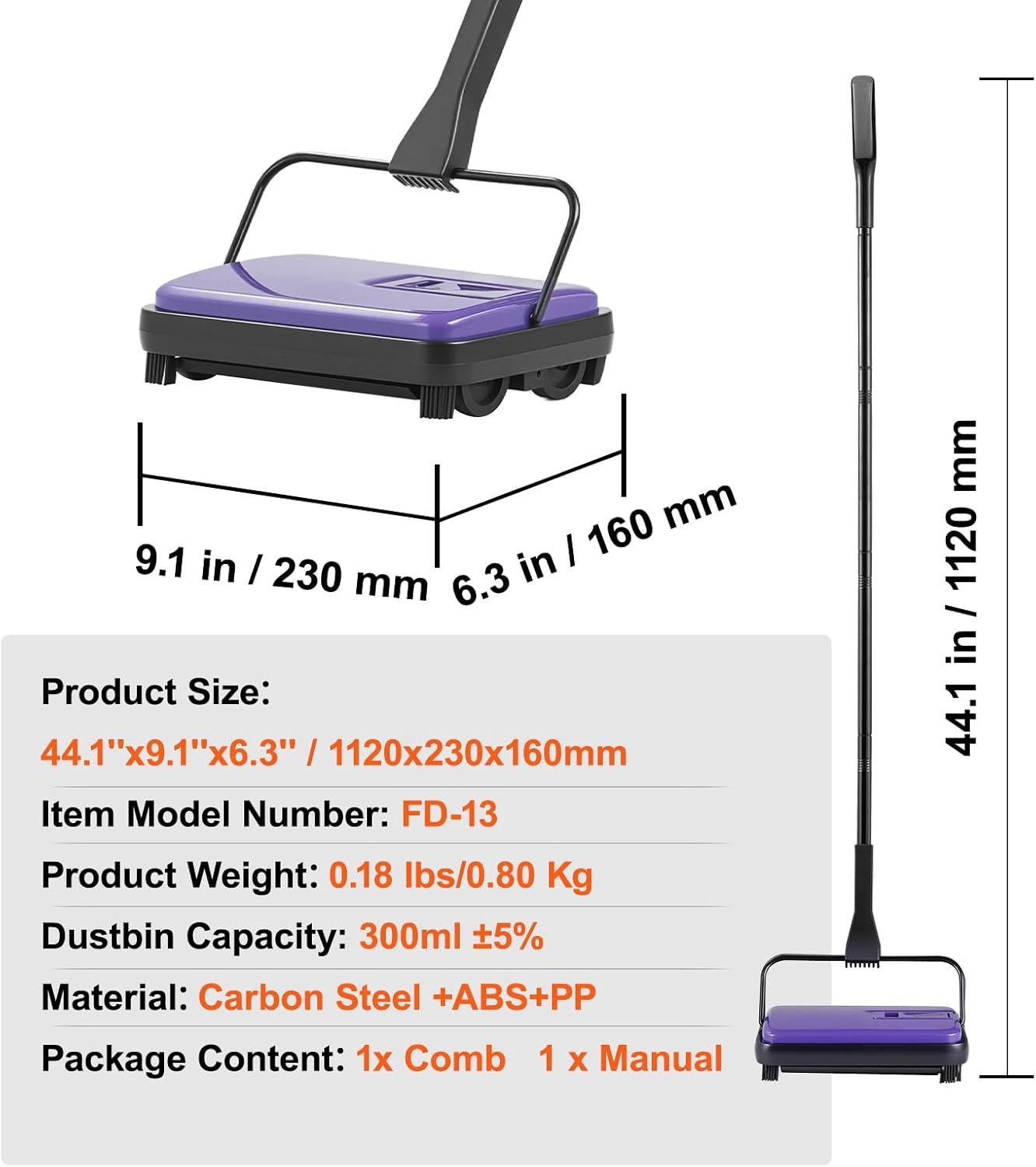image:imageVEVOR Carpet Sweeper Manual Floor Sweeper with 300 ml Dustbin Capacity Easy to Empty 67 inch Cleaning Width for Home Office Carpets Pet Hair Dust PurplePurple