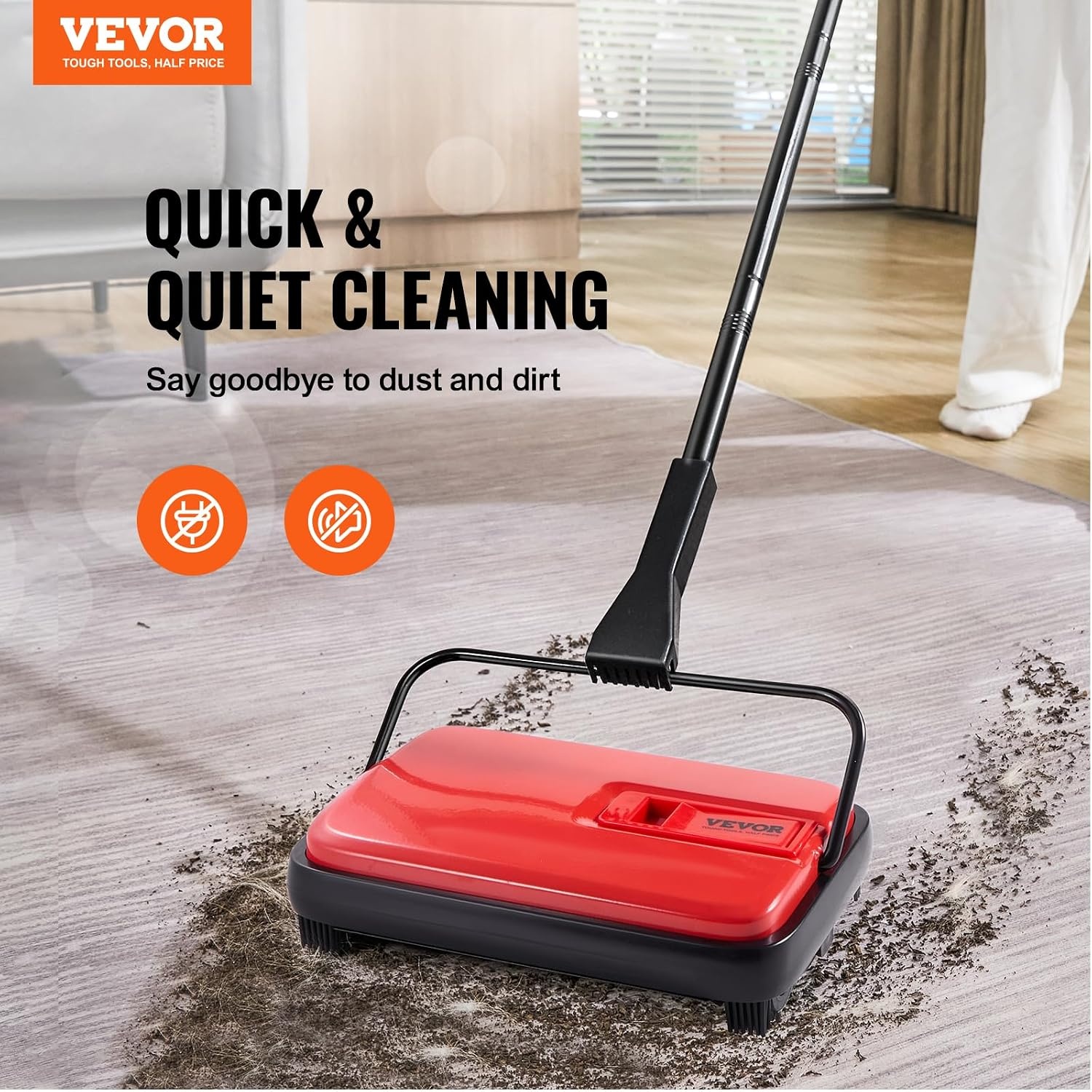 image:imageVEVOR Carpet Sweeper Manual Floor Sweeper with 300 ml Dustbin Capacity Easy to Empty 67 inch Cleaning Width for Home Office Carpets Pet Hair Dust PurpleRed