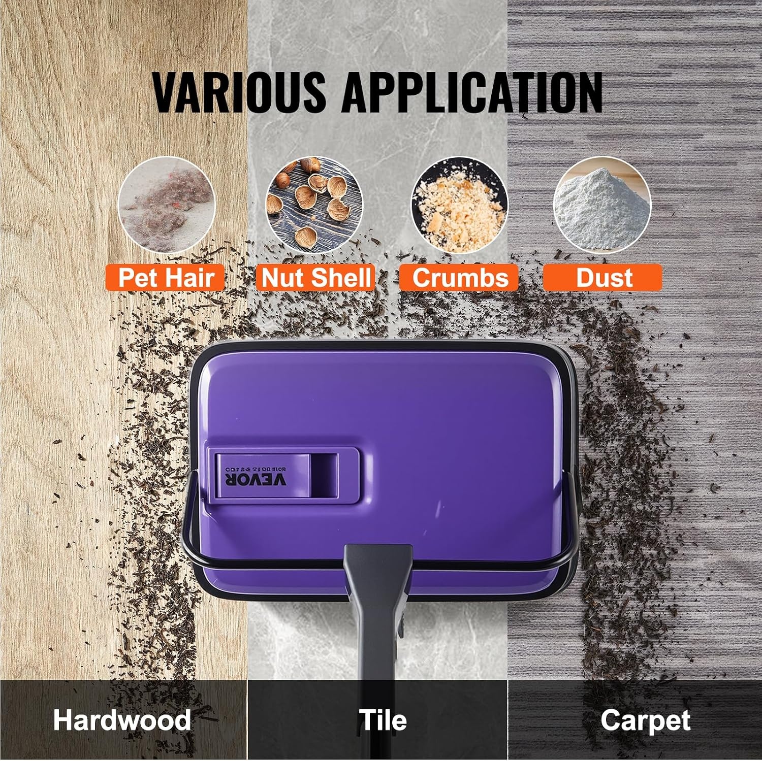 image:imageVEVOR Carpet Sweeper Manual Floor Sweeper with 300 ml Dustbin Capacity Easy to Empty 67 inch Cleaning Width for Home Office Carpets Pet Hair Dust PurplePurple