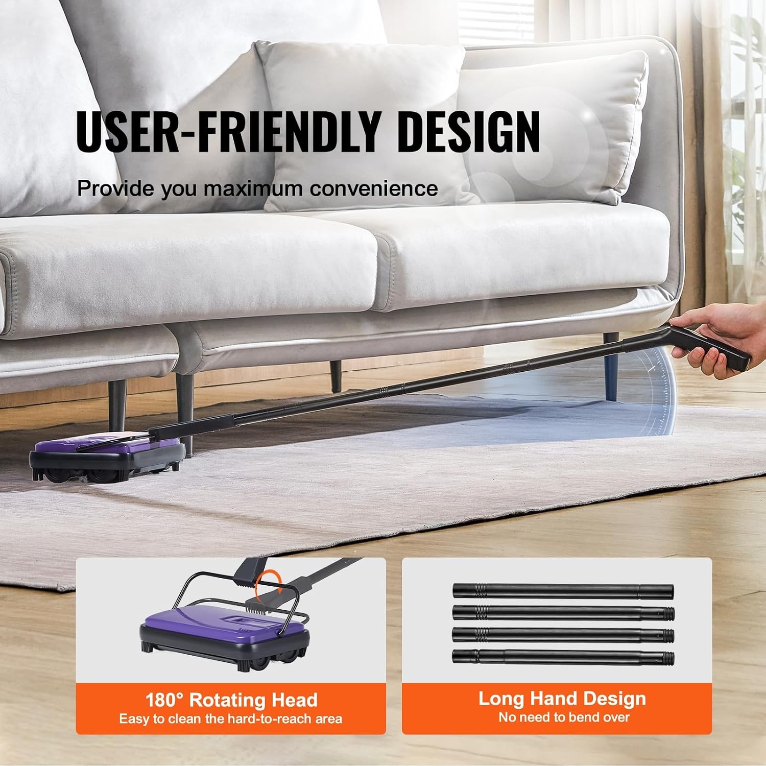 image:imageVEVOR Carpet Sweeper Manual Floor Sweeper with 300 ml Dustbin Capacity Easy to Empty 67 inch Cleaning Width for Home Office Carpets Pet Hair Dust PurplePurple