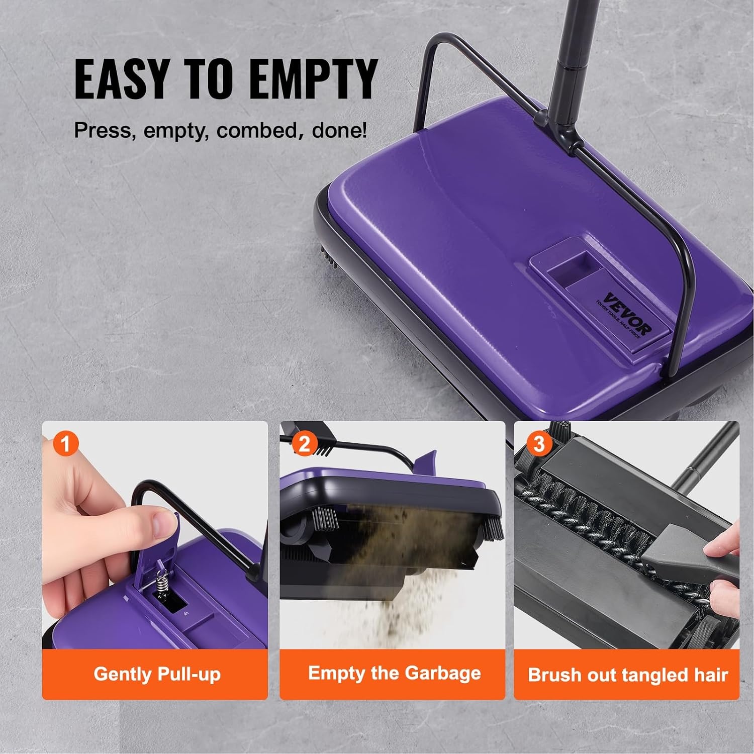 image:imageVEVOR Carpet Sweeper Manual Floor Sweeper with 300 ml Dustbin Capacity Easy to Empty 67 inch Cleaning Width for Home Office Carpets Pet Hair Dust PurplePurple