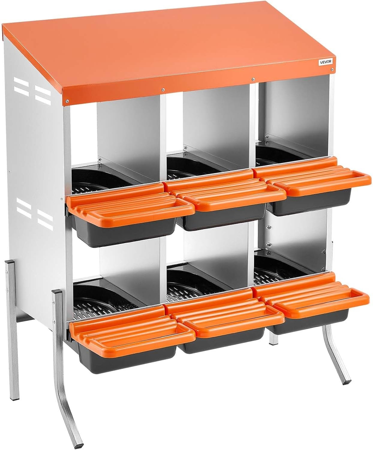 image:imageVEVOR Chicken Nesting Boxes 6 Compartments with Support Legs Easy Egg Collection Galvanized Steel and HighStrength Plastic Roll Away Nesting Boxes for Chickens and Hens Laying Eggs Orange313L x 207W x 390H
