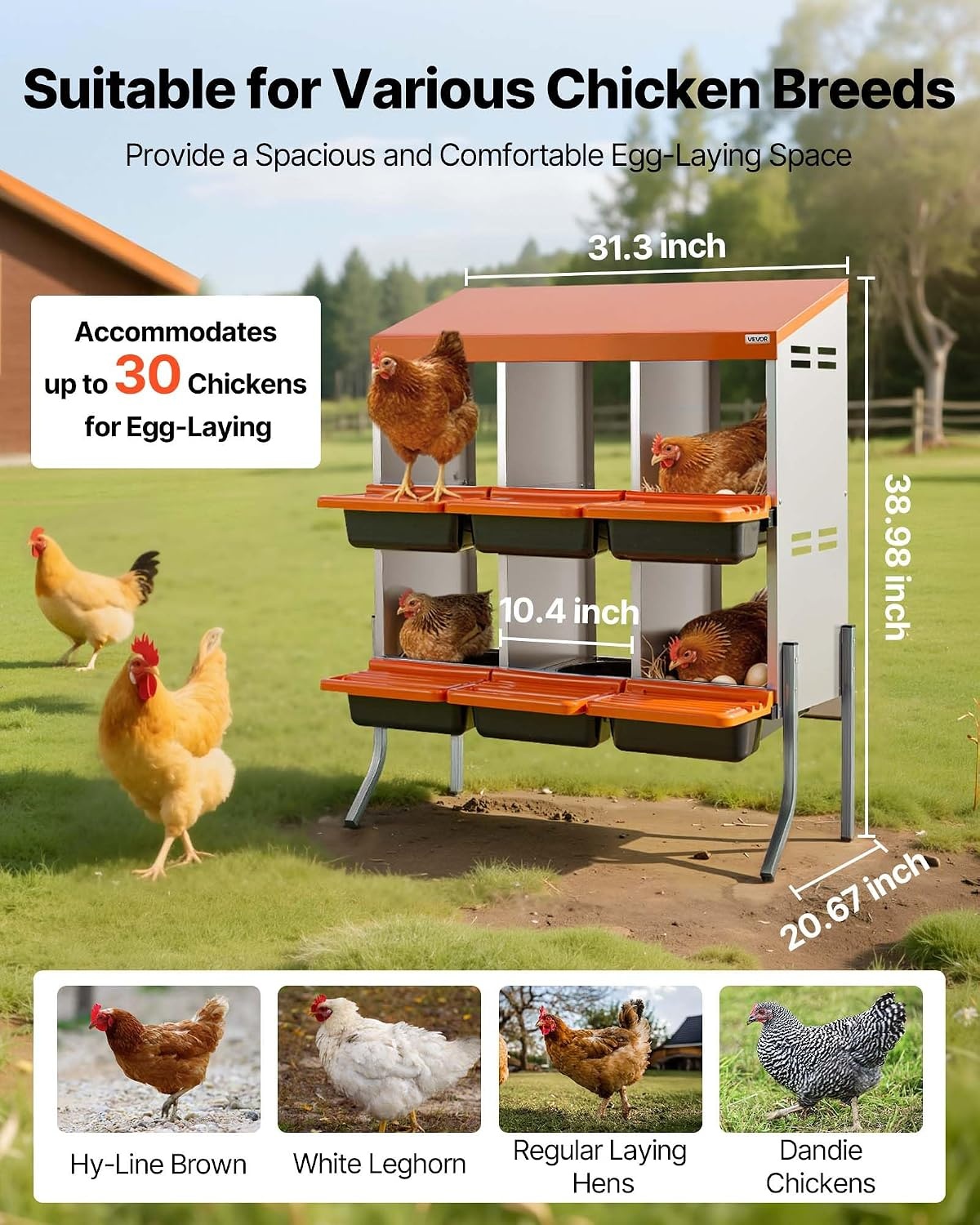 image:imageVEVOR Chicken Nesting Boxes 6 Compartments with Support Legs Easy Egg Collection Galvanized Steel and HighStrength Plastic Roll Away Nesting Boxes for Chickens and Hens Laying Eggs Orange313L x 207W x 390H
