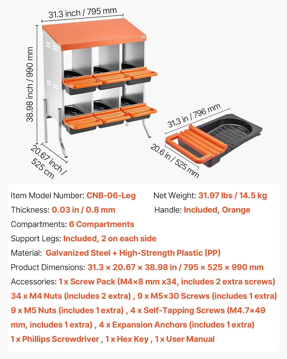 image:imageVEVOR Chicken Nesting Boxes 6 Compartments with Support Legs Easy Egg Collection Galvanized Steel and HighStrength Plastic Roll Away Nesting Boxes for Chickens and Hens Laying Eggs Orange313L x 207W x 390H