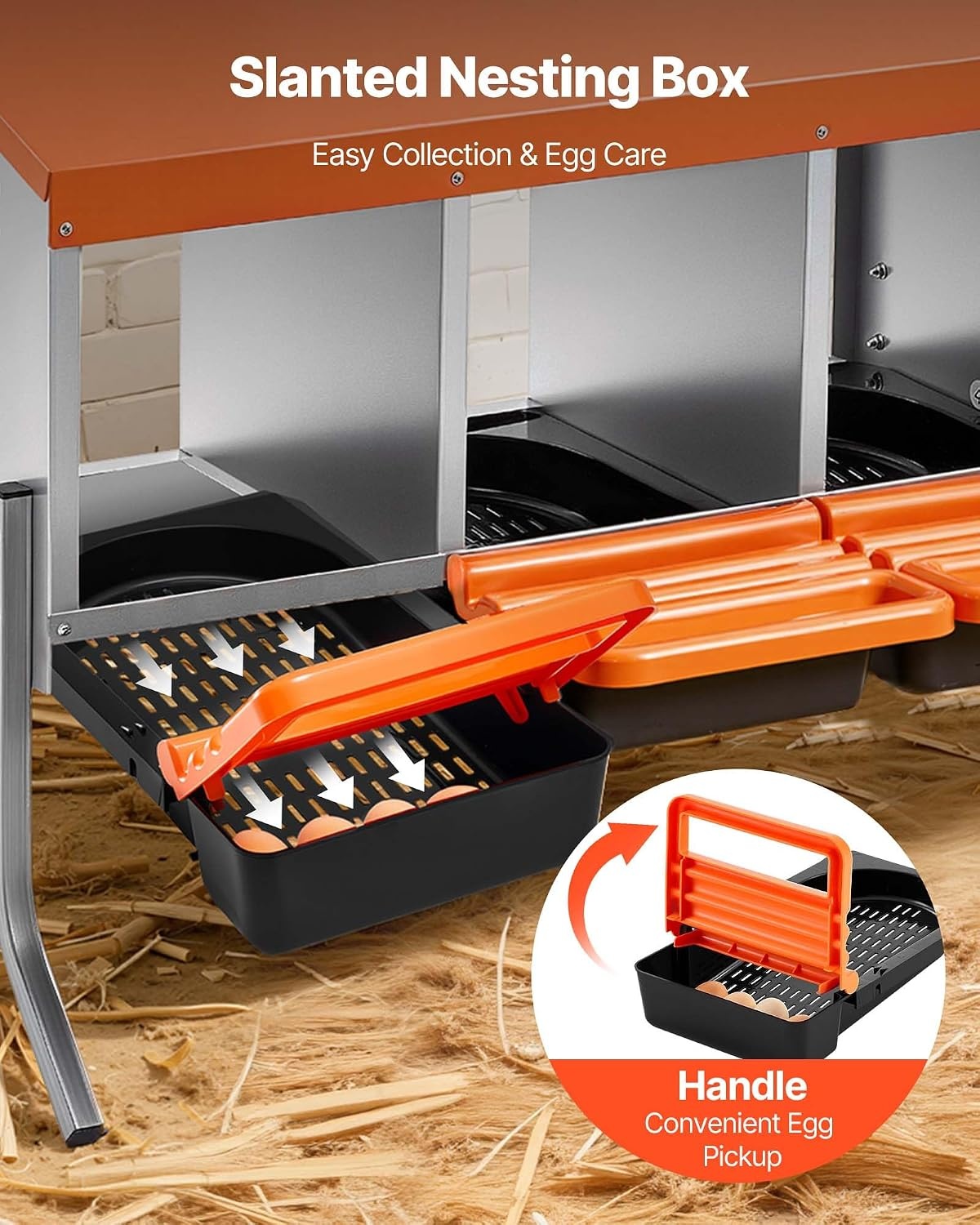 image:imageVEVOR Chicken Nesting Boxes 6 Compartments with Support Legs Easy Egg Collection Galvanized Steel and HighStrength Plastic Roll Away Nesting Boxes for Chickens and Hens Laying Eggs Orange417L x 207W x 266H
