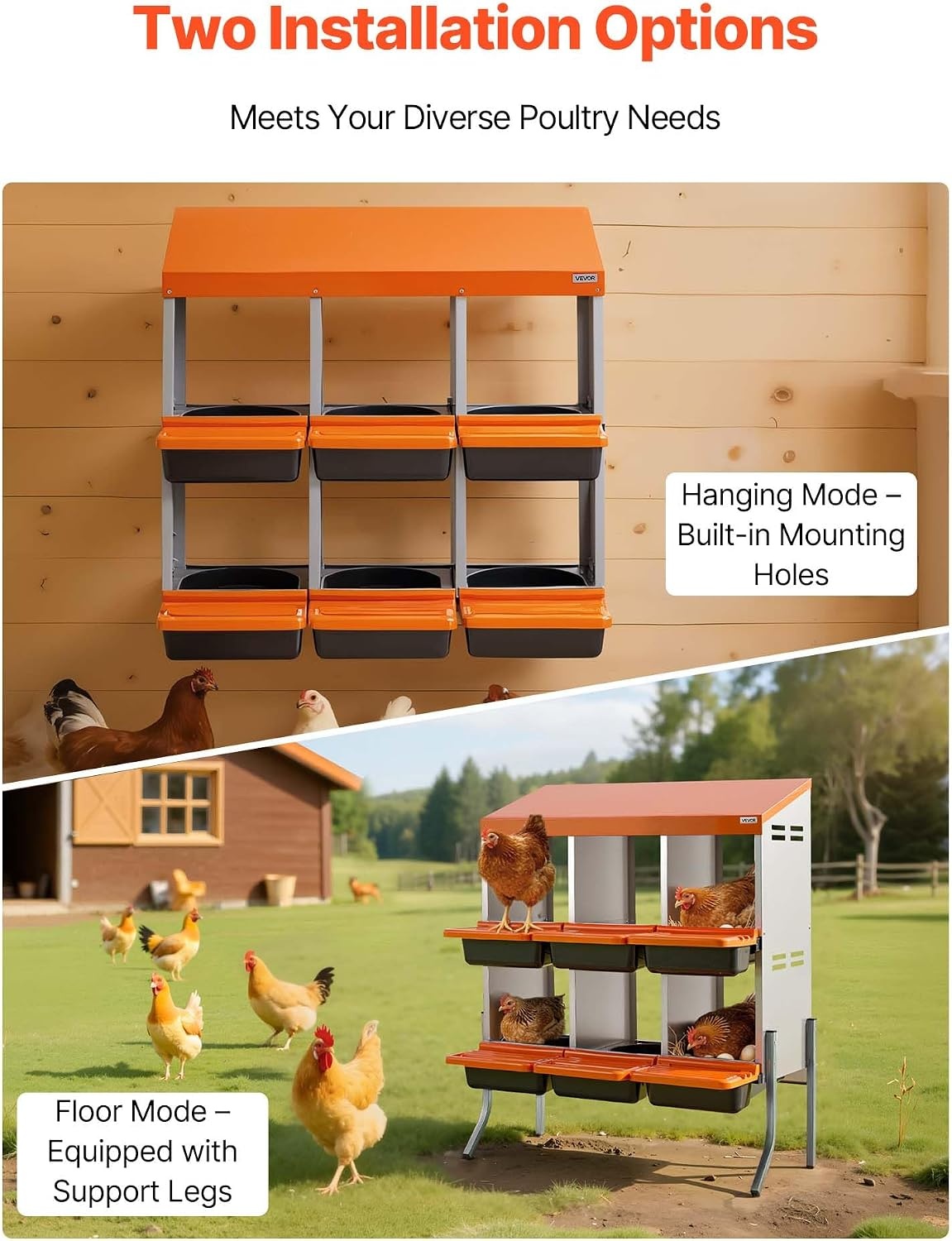 image:imageVEVOR Chicken Nesting Boxes 6 Compartments with Support Legs Easy Egg Collection Galvanized Steel and HighStrength Plastic Roll Away Nesting Boxes for Chickens and Hens Laying Eggs Orange313L x 207W x 390H