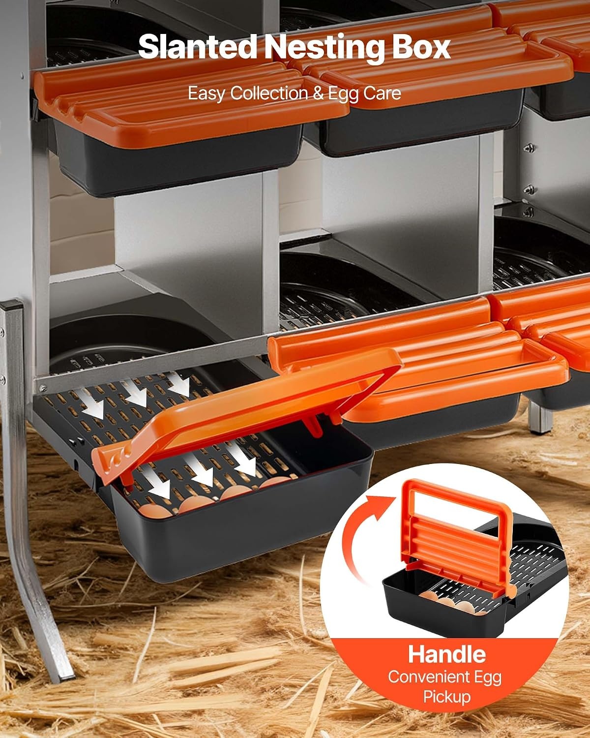 image:imageVEVOR Chicken Nesting Boxes 6 Compartments with Support Legs Easy Egg Collection Galvanized Steel and HighStrength Plastic Roll Away Nesting Boxes for Chickens and Hens Laying Eggs Orange313L x 207W x 390H