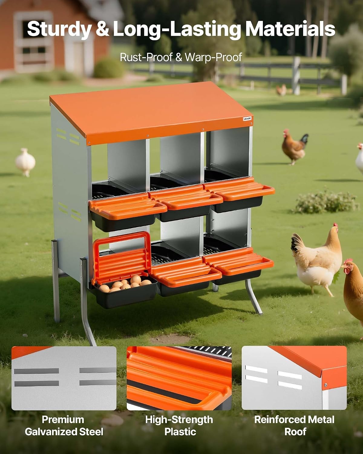 image:imageVEVOR Chicken Nesting Boxes 6 Compartments with Support Legs Easy Egg Collection Galvanized Steel and HighStrength Plastic Roll Away Nesting Boxes for Chickens and Hens Laying Eggs Orange313L x 207W x 390H