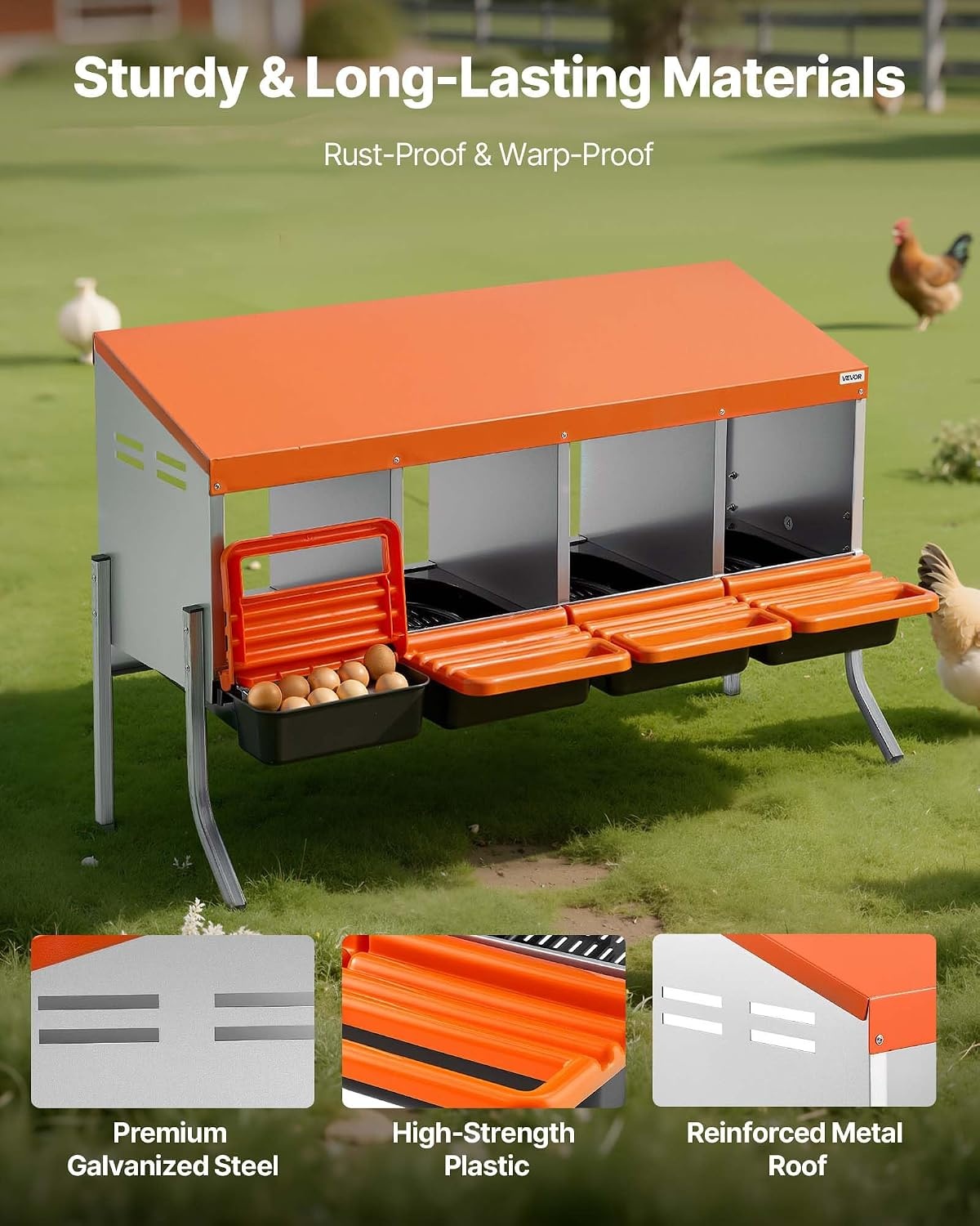 image:imageVEVOR Chicken Nesting Boxes 6 Compartments with Support Legs Easy Egg Collection Galvanized Steel and HighStrength Plastic Roll Away Nesting Boxes for Chickens and Hens Laying Eggs Orange417L x 207W x 266H