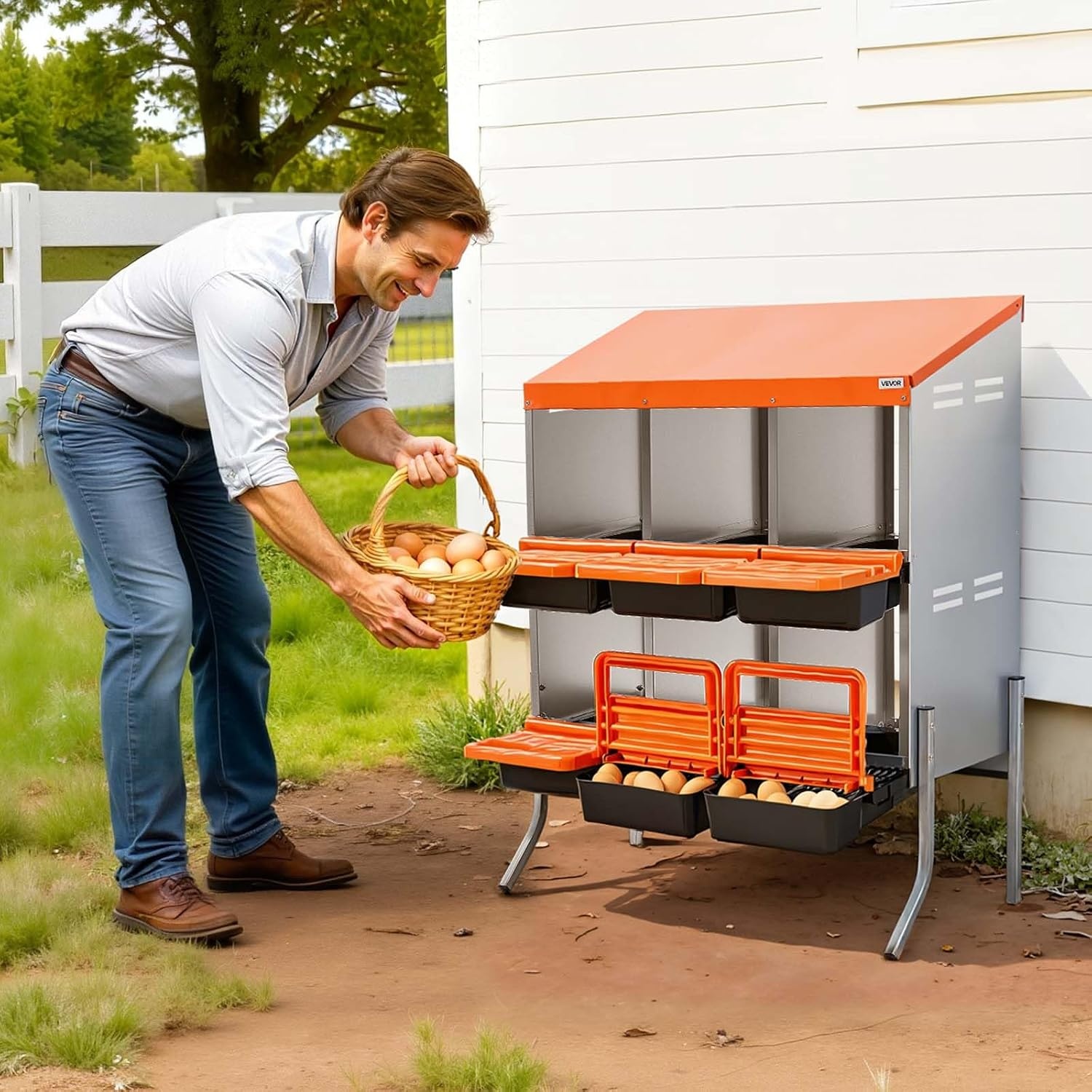 image:imageVEVOR Chicken Nesting Boxes 6 Compartments with Support Legs Easy Egg Collection Galvanized Steel and HighStrength Plastic Roll Away Nesting Boxes for Chickens and Hens Laying Eggs Orange313L x 207W x 390H