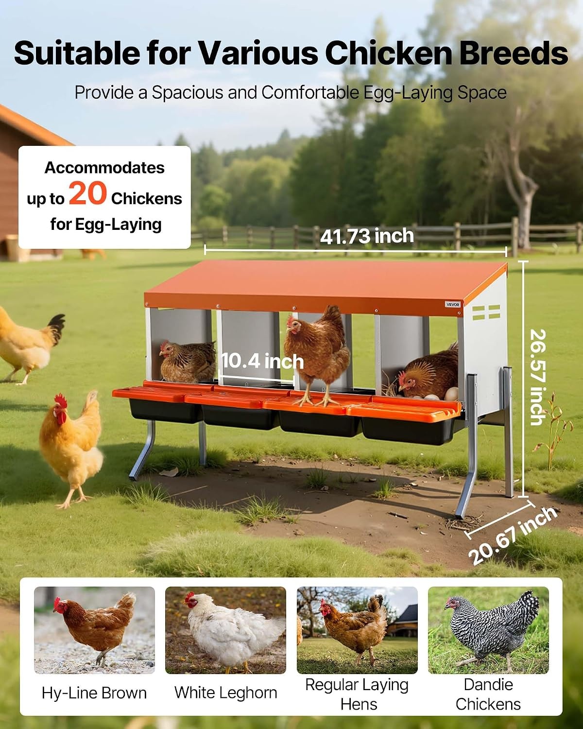 image:imageVEVOR Chicken Nesting Boxes 6 Compartments with Support Legs Easy Egg Collection Galvanized Steel and HighStrength Plastic Roll Away Nesting Boxes for Chickens and Hens Laying Eggs Orange417L x 207W x 266H