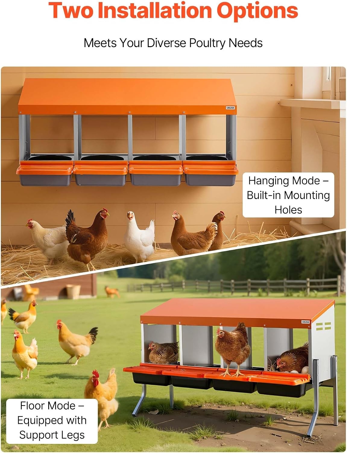 image:imageVEVOR Chicken Nesting Boxes 6 Compartments with Support Legs Easy Egg Collection Galvanized Steel and HighStrength Plastic Roll Away Nesting Boxes for Chickens and Hens Laying Eggs Orange417L x 207W x 266H