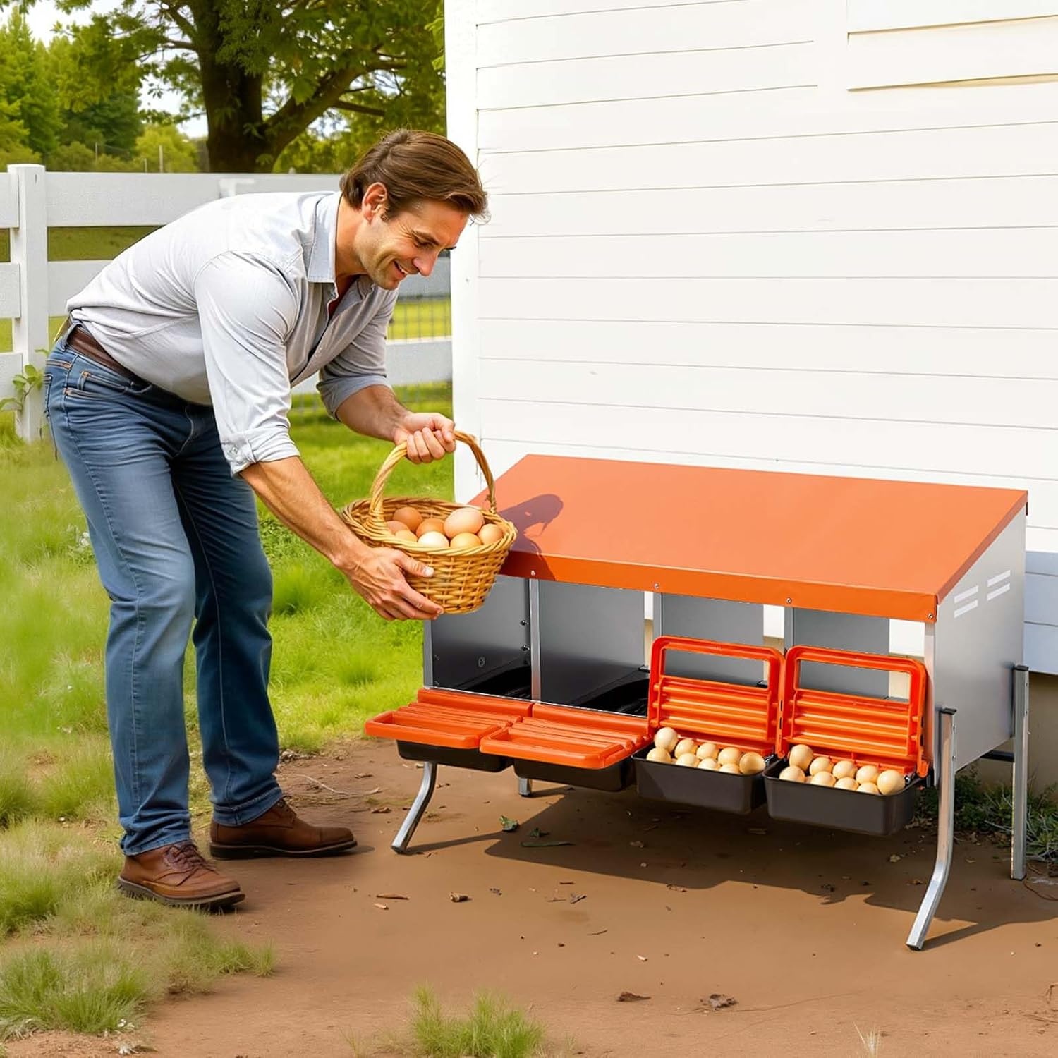 image:imageVEVOR Chicken Nesting Boxes 6 Compartments with Support Legs Easy Egg Collection Galvanized Steel and HighStrength Plastic Roll Away Nesting Boxes for Chickens and Hens Laying Eggs Orange417L x 207W x 266H