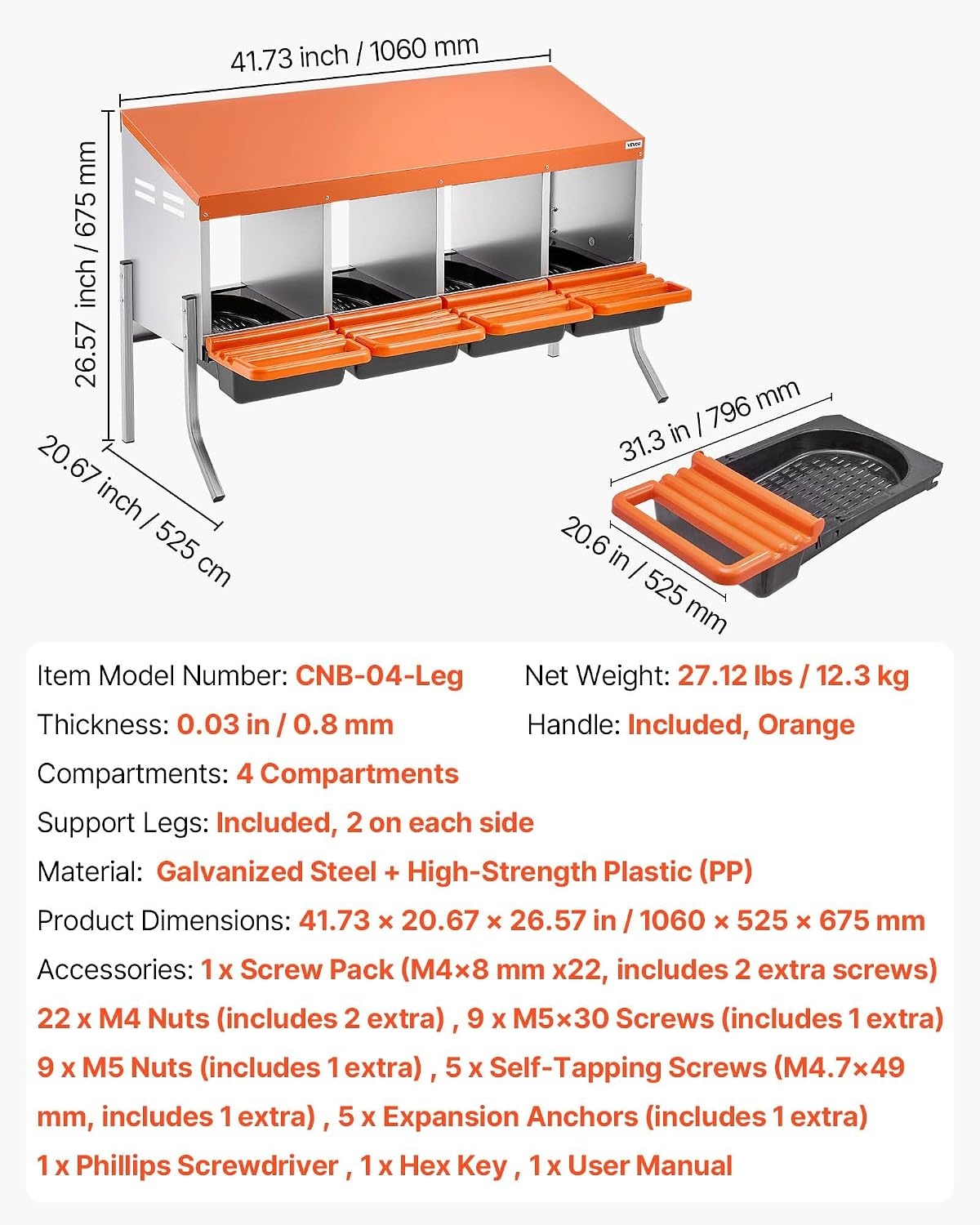 image:imageVEVOR Chicken Nesting Boxes 6 Compartments with Support Legs Easy Egg Collection Galvanized Steel and HighStrength Plastic Roll Away Nesting Boxes for Chickens and Hens Laying Eggs Orange417L x 207W x 266H