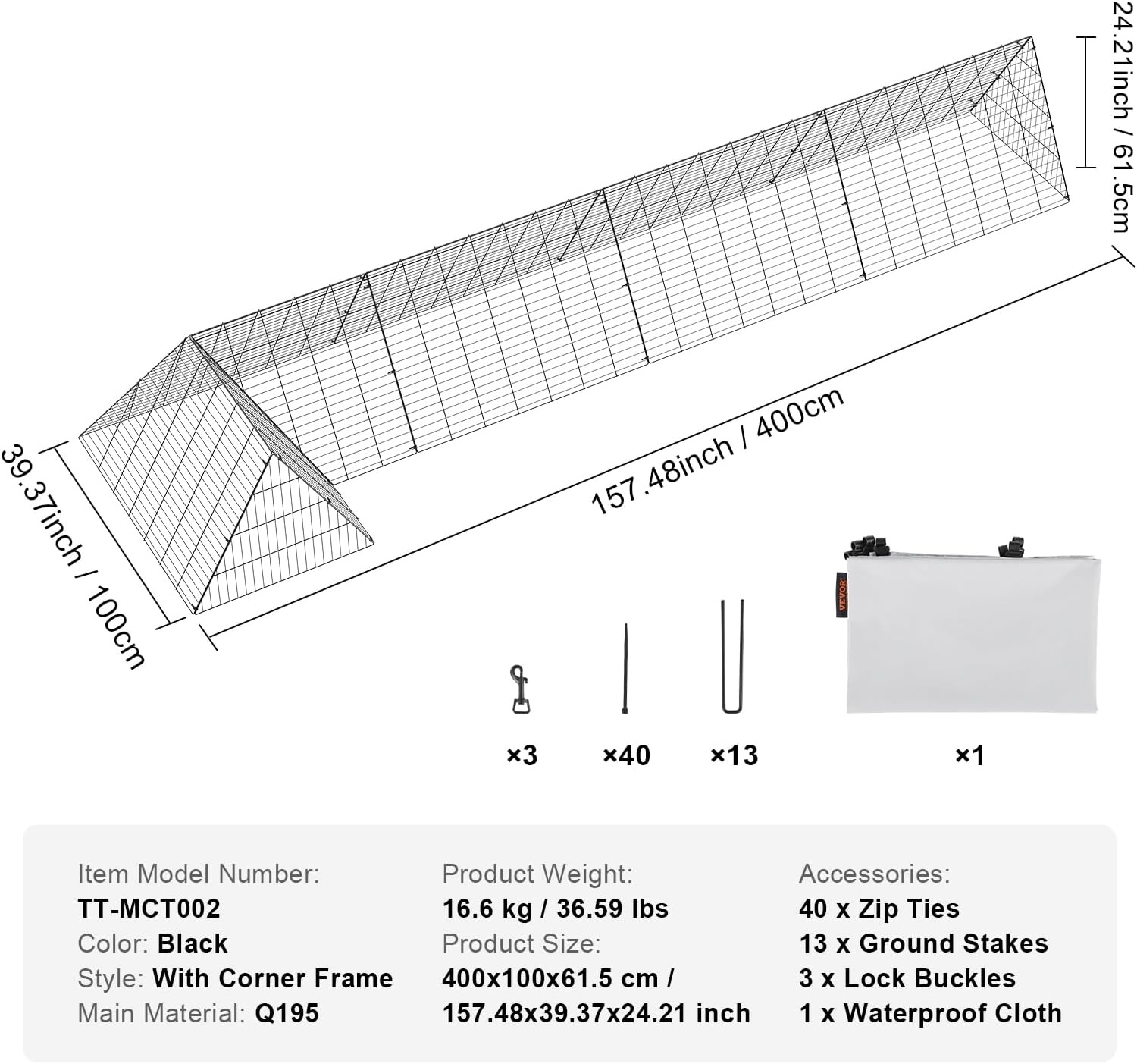 image:imageVEVOR Chicken Tunnels for Yard DIY Metal Poultry Playpen for Outside with Waterproof Cover amp Corner Frames 2 Sets 2362 x 1575 x 242 inchLxWxH Also Widely Used for Ducks Rabbits Geese CoopPanel Corner Tarp