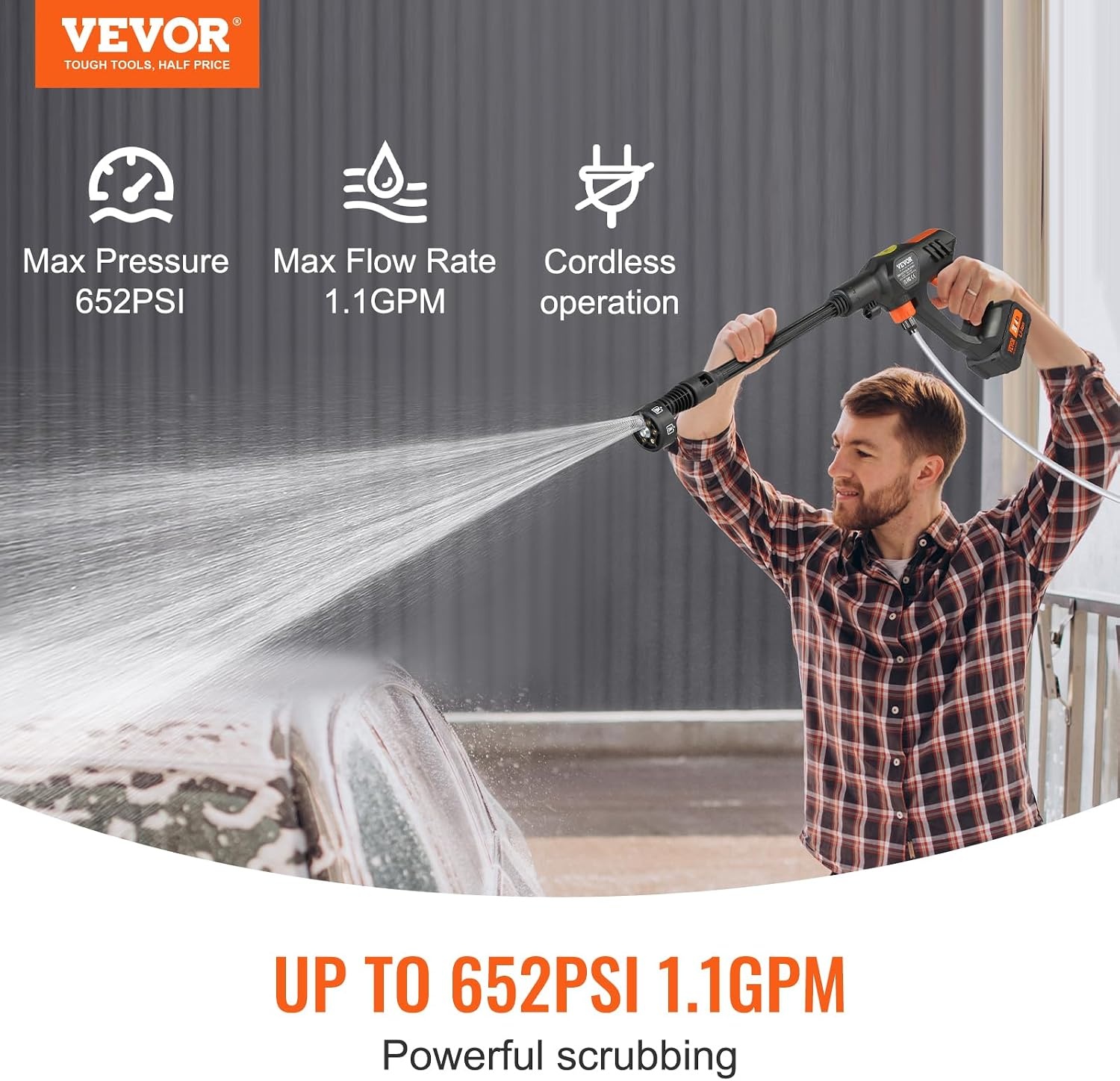 image:imageVEVOR Cordless Pressure Washer 652PSI 10GPM BRUSHLESS Motor Rechargeable 40Ah Battery Powered Handheld HighPressure Car Washer Gun with Charger 6in1 Nozzle for HomeFloor Cleaning amp Watering652 PSI