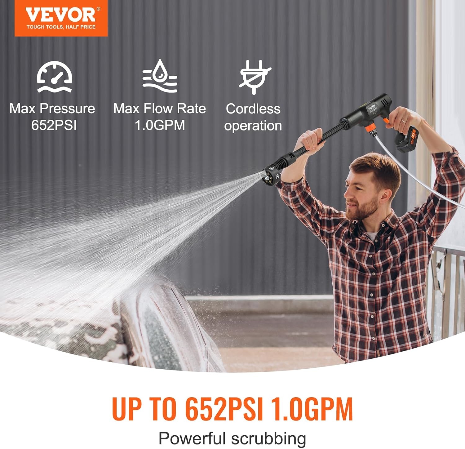 image:imageVEVOR Cordless Pressure Washer 652PSI 10GPM BRUSHLESS Motor Rechargeable 40Ah Battery Powered Handheld HighPressure Car Washer Gun with Charger 6in1 Nozzle for HomeFloor Cleaning amp WateringBRUSHLESS Motor