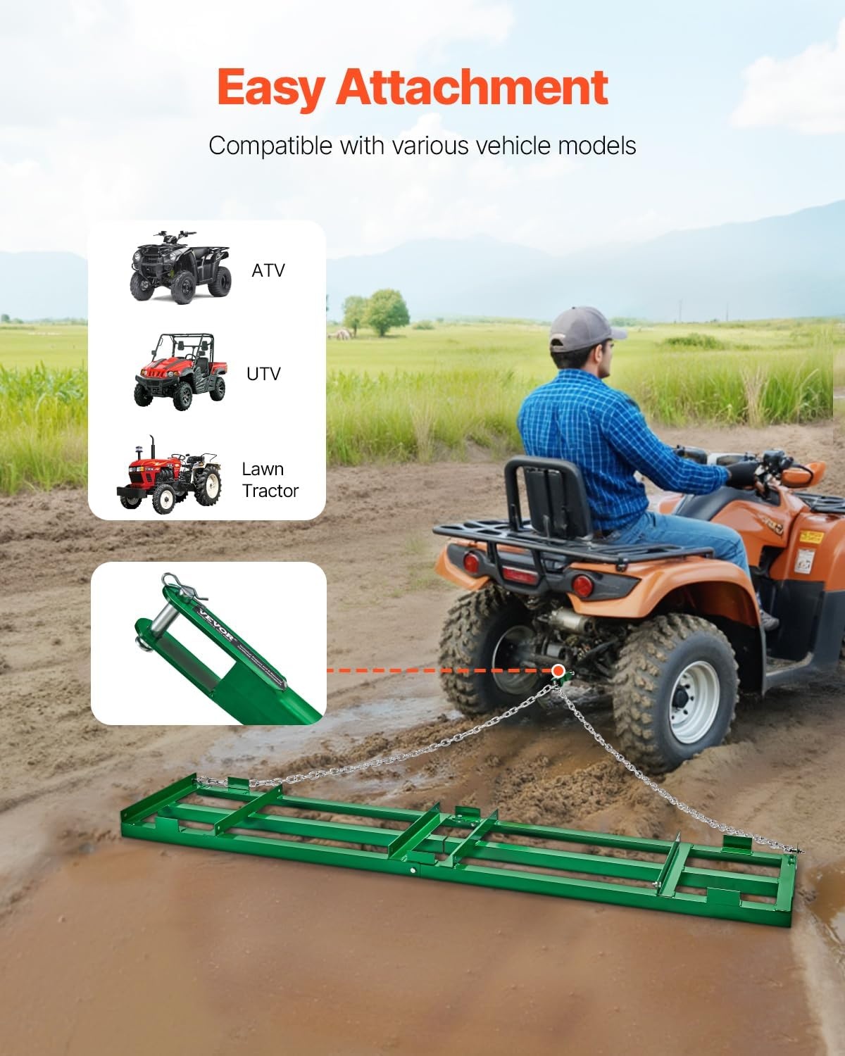 image:imageVEVOR Drag Harrow 8 ft Heavy Duty Tow Behind Drag Harrow with Adjustable Bars amp 72 in Chain Driveway Grader Landscape Rake for ATV UTV Tractor Mower Tow Behind Yard Lawn Leveling Tool8 FT Green