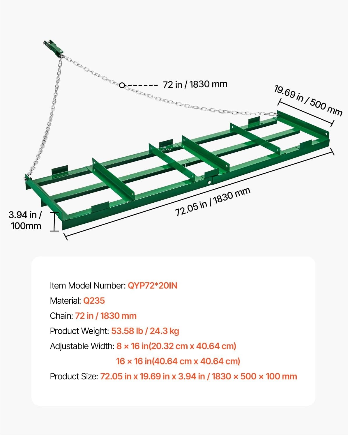 image:imageVEVOR Drag Harrow 8 ft Heavy Duty Tow Behind Drag Harrow with Adjustable Bars amp 72 in Chain Driveway Grader Landscape Rake for ATV UTV Tractor Mower Tow Behind Yard Lawn Leveling Tool6 FT Green