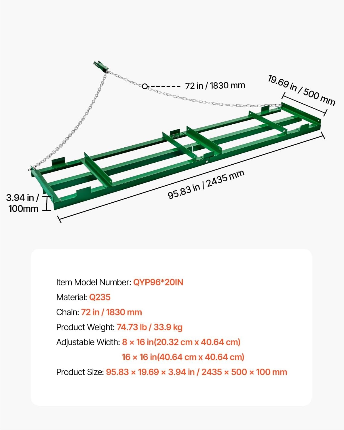 image:imageVEVOR Drag Harrow 8 ft Heavy Duty Tow Behind Drag Harrow with Adjustable Bars amp 72 in Chain Driveway Grader Landscape Rake for ATV UTV Tractor Mower Tow Behind Yard Lawn Leveling Tool8 FT Green