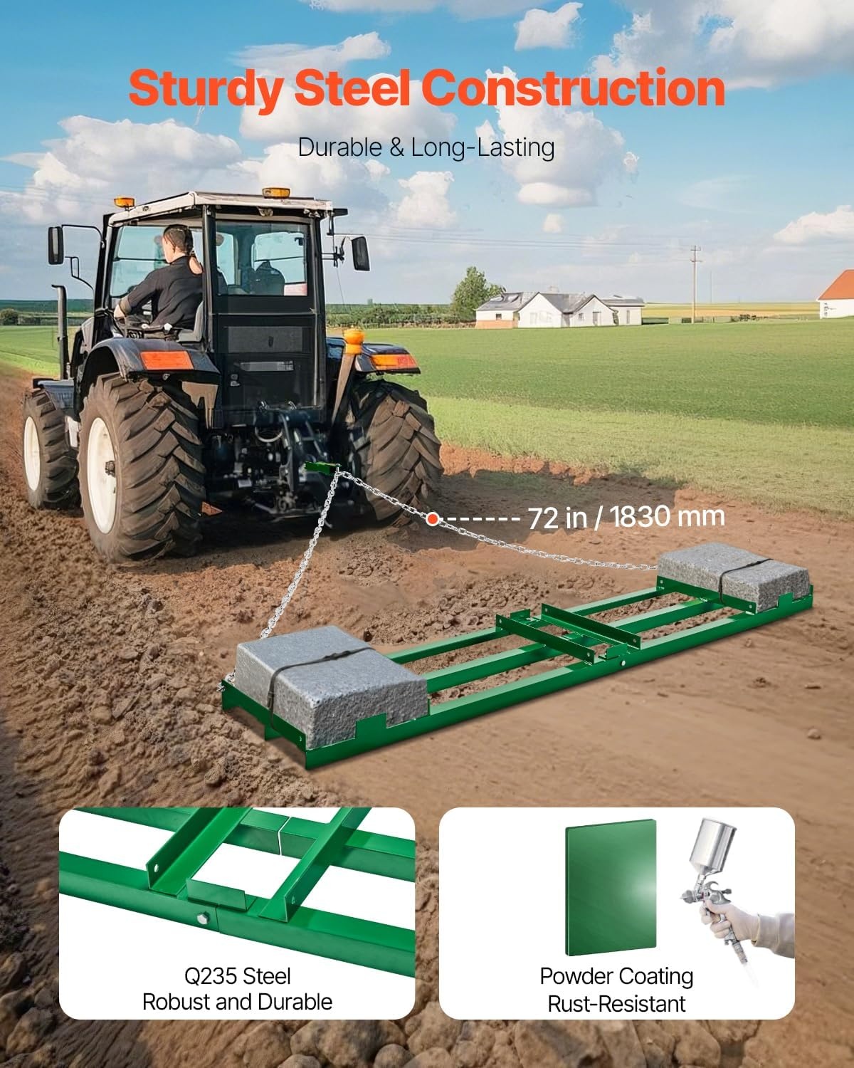 image:imageVEVOR Drag Harrow 8 ft Heavy Duty Tow Behind Drag Harrow with Adjustable Bars amp 72 in Chain Driveway Grader Landscape Rake for ATV UTV Tractor Mower Tow Behind Yard Lawn Leveling Tool8 FT Green