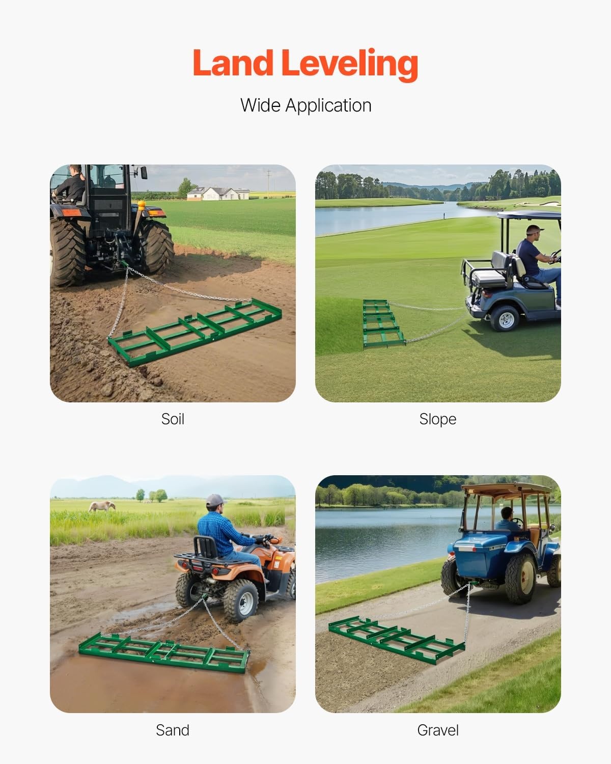 image:imageVEVOR Drag Harrow 8 ft Heavy Duty Tow Behind Drag Harrow with Adjustable Bars amp 72 in Chain Driveway Grader Landscape Rake for ATV UTV Tractor Mower Tow Behind Yard Lawn Leveling Tool6 FT Green