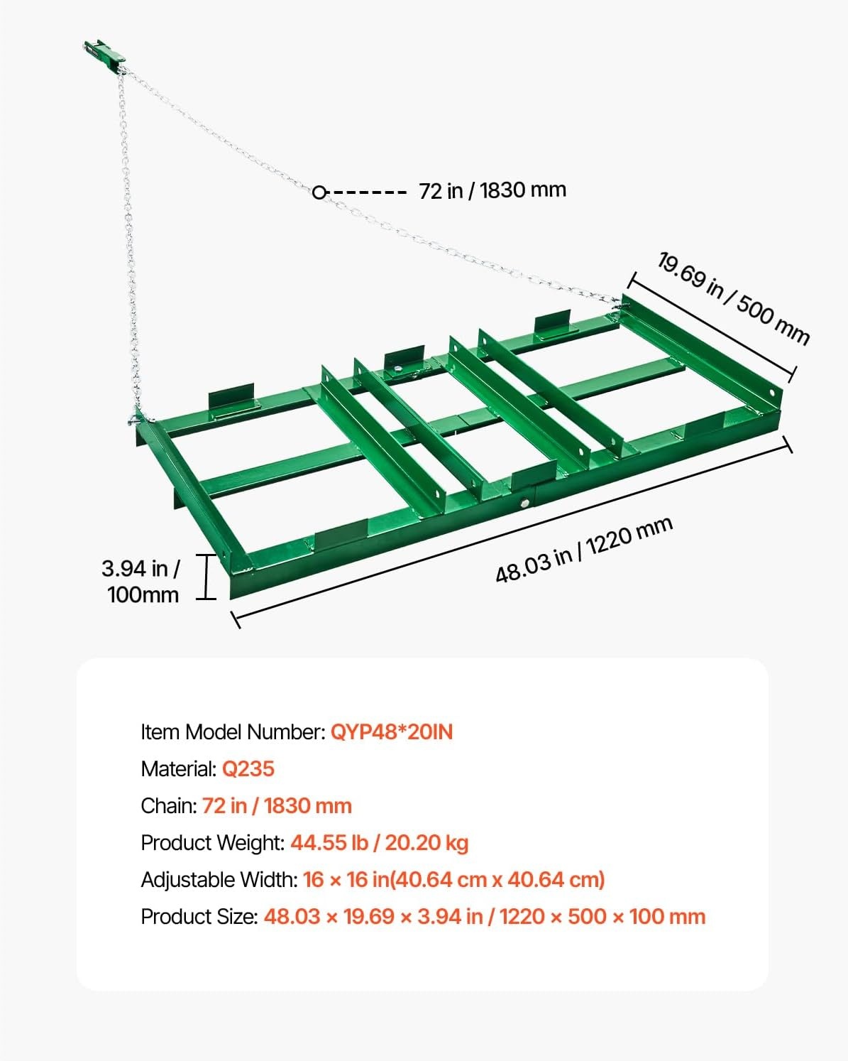 image:imageVEVOR Drag Harrow 8 ft Heavy Duty Tow Behind Drag Harrow with Adjustable Bars amp 72 in Chain Driveway Grader Landscape Rake for ATV UTV Tractor Mower Tow Behind Yard Lawn Leveling Tool4 FT Green