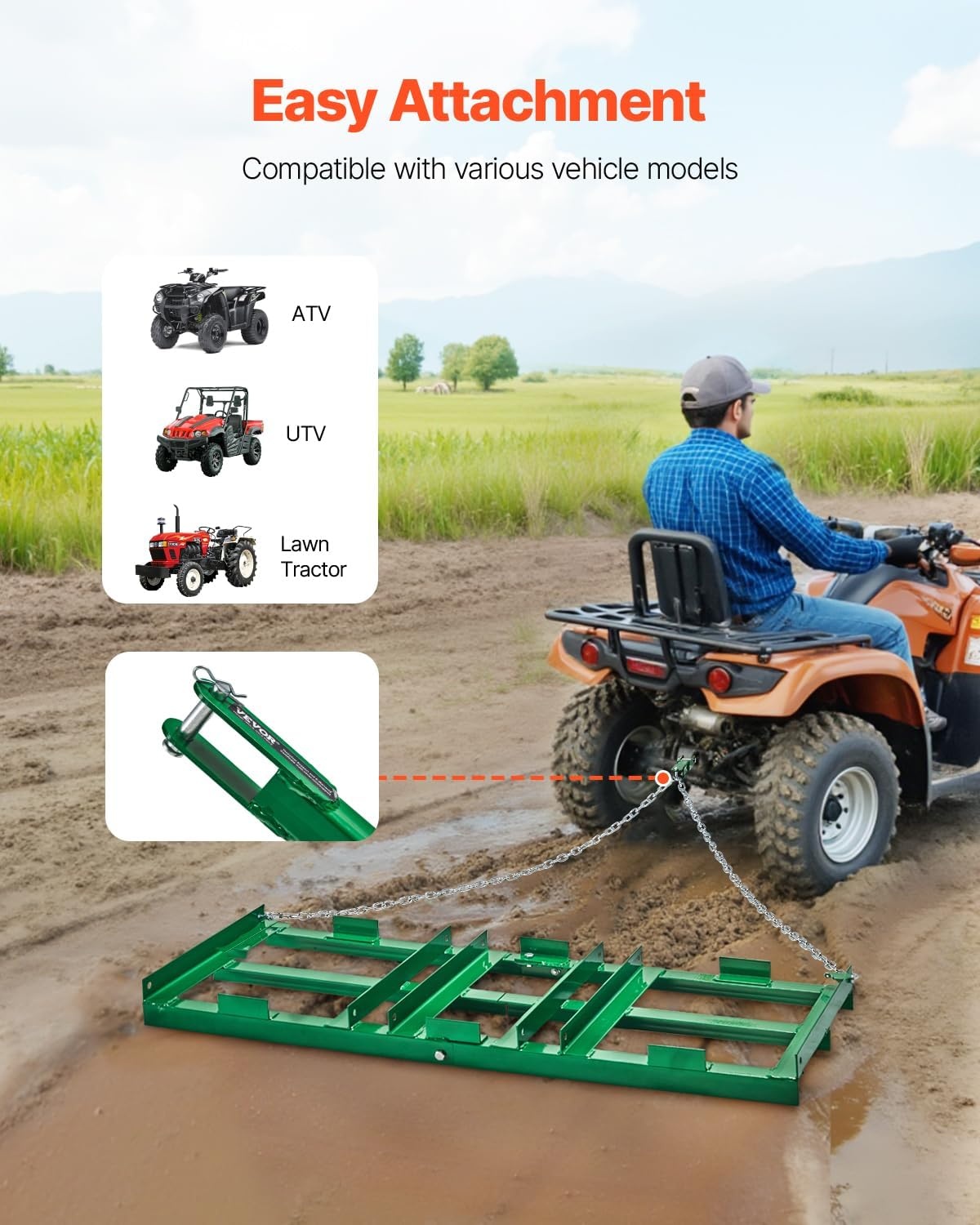 image:imageVEVOR Drag Harrow 8 ft Heavy Duty Tow Behind Drag Harrow with Adjustable Bars amp 72 in Chain Driveway Grader Landscape Rake for ATV UTV Tractor Mower Tow Behind Yard Lawn Leveling Tool4 FT Green