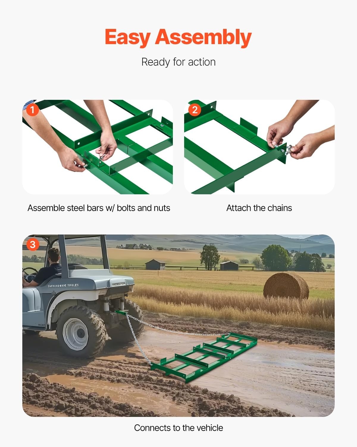 image:imageVEVOR Drag Harrow 8 ft Heavy Duty Tow Behind Drag Harrow with Adjustable Bars amp 72 in Chain Driveway Grader Landscape Rake for ATV UTV Tractor Mower Tow Behind Yard Lawn Leveling Tool6 FT Green