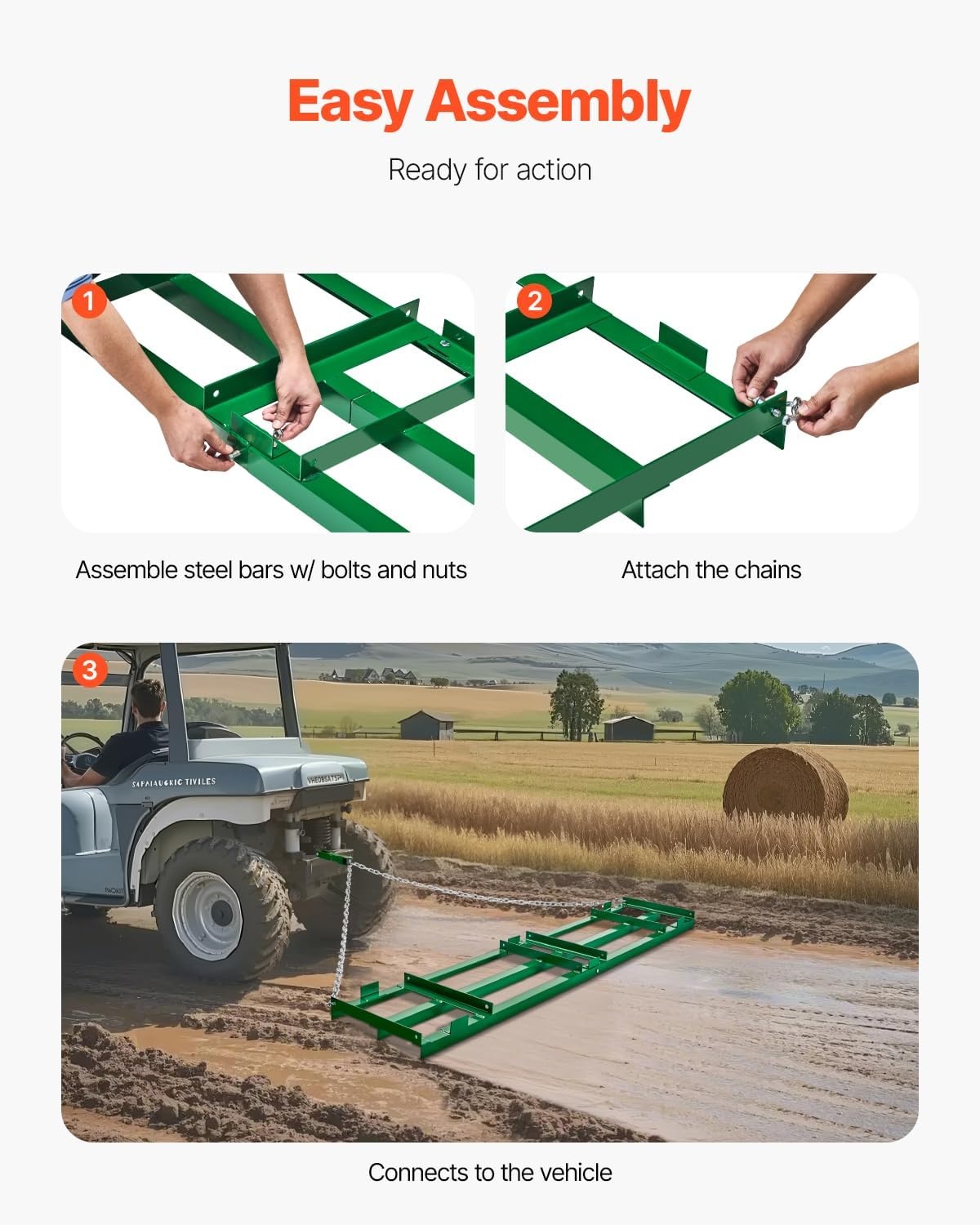 image:imageVEVOR Drag Harrow 8 ft Heavy Duty Tow Behind Drag Harrow with Adjustable Bars amp 72 in Chain Driveway Grader Landscape Rake for ATV UTV Tractor Mower Tow Behind Yard Lawn Leveling Tool8 FT Green