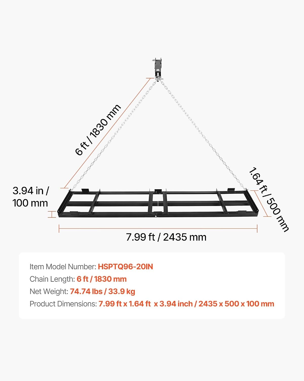 image:imageVEVOR Drag Harrow 8 ft Heavy Duty Tow Behind Drag Harrow with Adjustable Bars amp 72 in Chain Driveway Grader Landscape Rake for ATV UTV Tractor Mower Tow Behind Yard Lawn Leveling Tool8 FT Black