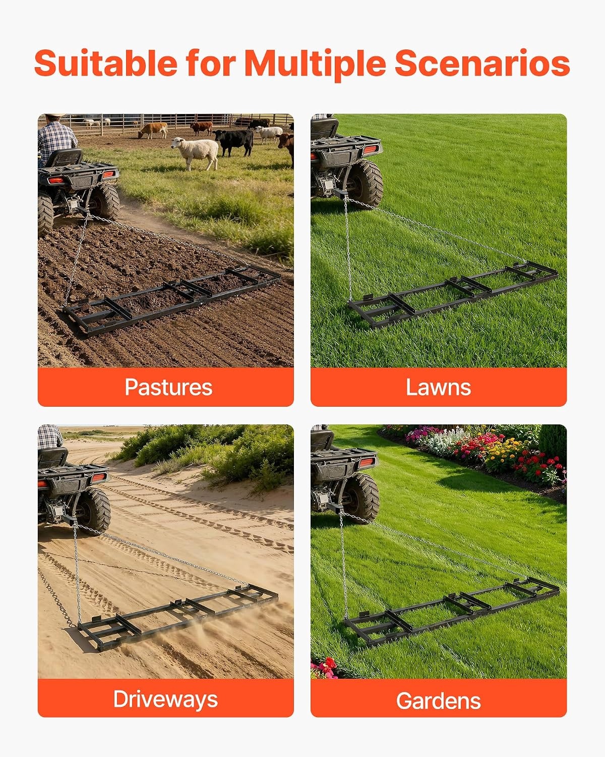 image:imageVEVOR Drag Harrow 8 ft Heavy Duty Tow Behind Drag Harrow with Adjustable Bars amp 72 in Chain Driveway Grader Landscape Rake for ATV UTV Tractor Mower Tow Behind Yard Lawn Leveling Tool8 FT Black