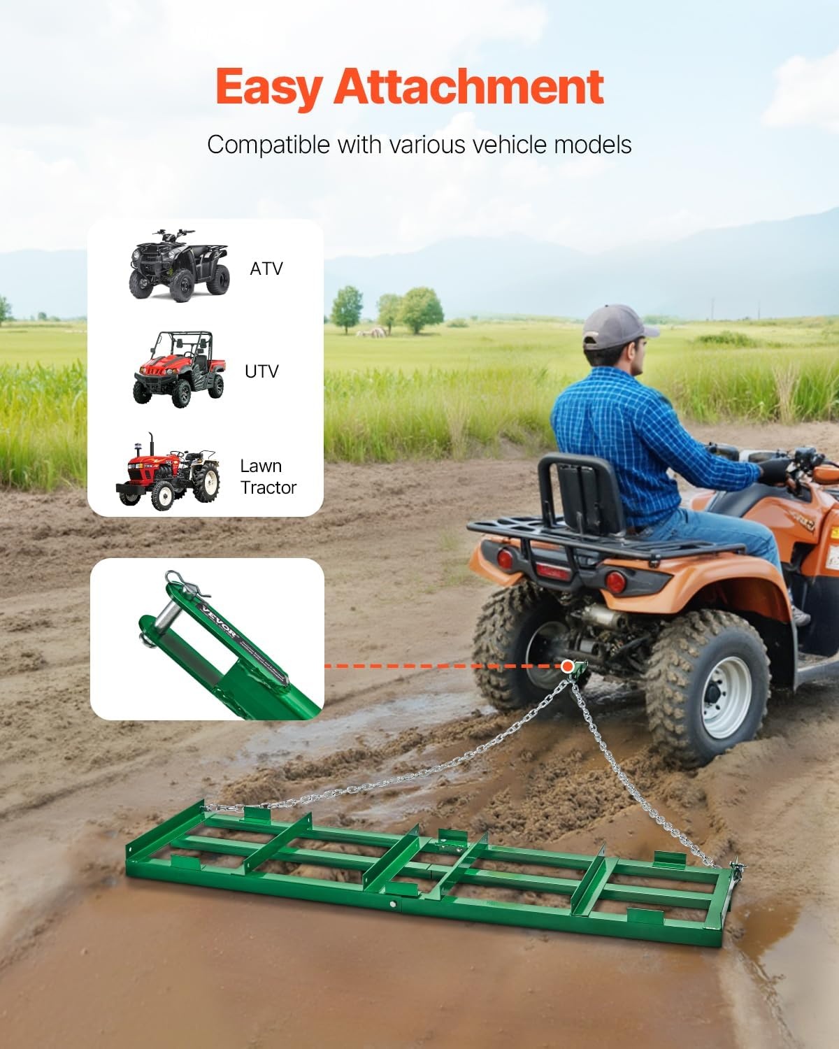 image:imageVEVOR Drag Harrow 8 ft Heavy Duty Tow Behind Drag Harrow with Adjustable Bars amp 72 in Chain Driveway Grader Landscape Rake for ATV UTV Tractor Mower Tow Behind Yard Lawn Leveling Tool6 FT Green
