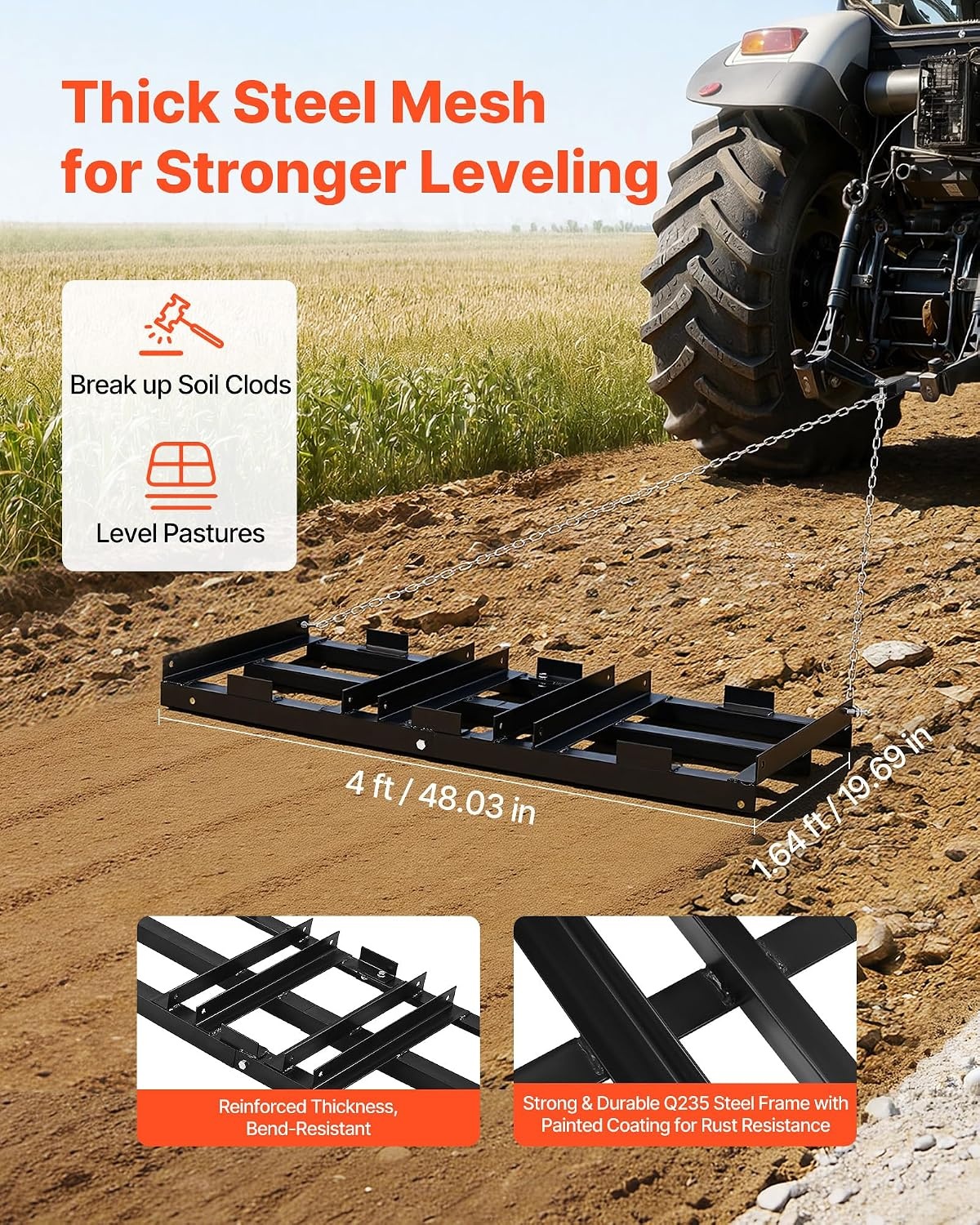 image:imageVEVOR Drag Harrow 8 ft Heavy Duty Tow Behind Drag Harrow with Adjustable Bars amp 72 in Chain Driveway Grader Landscape Rake for ATV UTV Tractor Mower Tow Behind Yard Lawn Leveling Tool4 FT Black