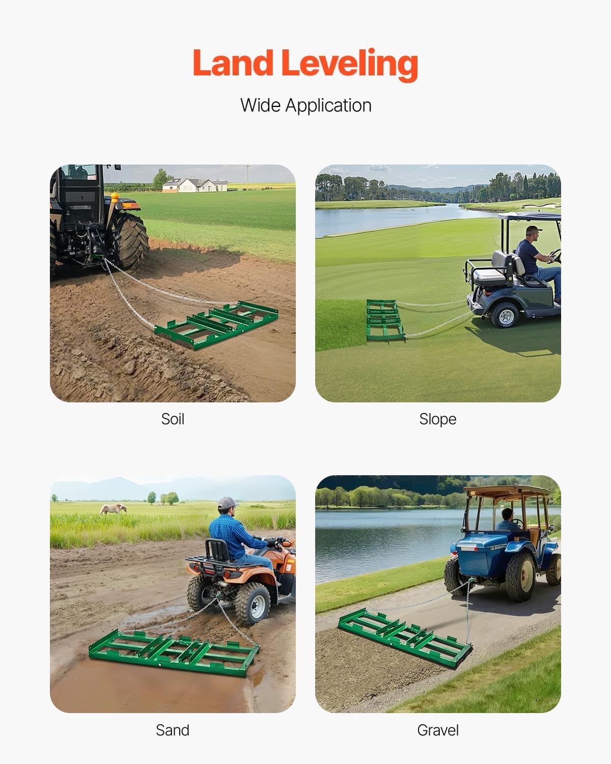 image:imageVEVOR Drag Harrow 8 ft Heavy Duty Tow Behind Drag Harrow with Adjustable Bars amp 72 in Chain Driveway Grader Landscape Rake for ATV UTV Tractor Mower Tow Behind Yard Lawn Leveling Tool4 FT Green