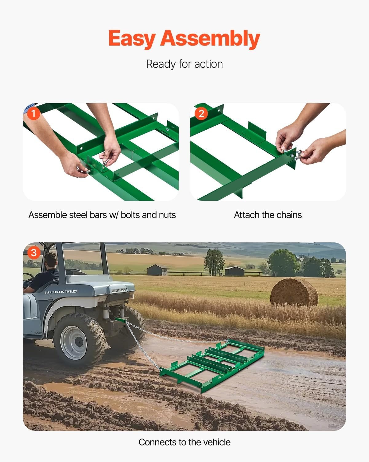 image:imageVEVOR Drag Harrow 8 ft Heavy Duty Tow Behind Drag Harrow with Adjustable Bars amp 72 in Chain Driveway Grader Landscape Rake for ATV UTV Tractor Mower Tow Behind Yard Lawn Leveling Tool4 FT Green