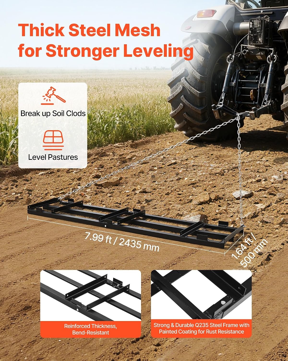 image:imageVEVOR Drag Harrow 8 ft Heavy Duty Tow Behind Drag Harrow with Adjustable Bars amp 72 in Chain Driveway Grader Landscape Rake for ATV UTV Tractor Mower Tow Behind Yard Lawn Leveling Tool8 FT Black