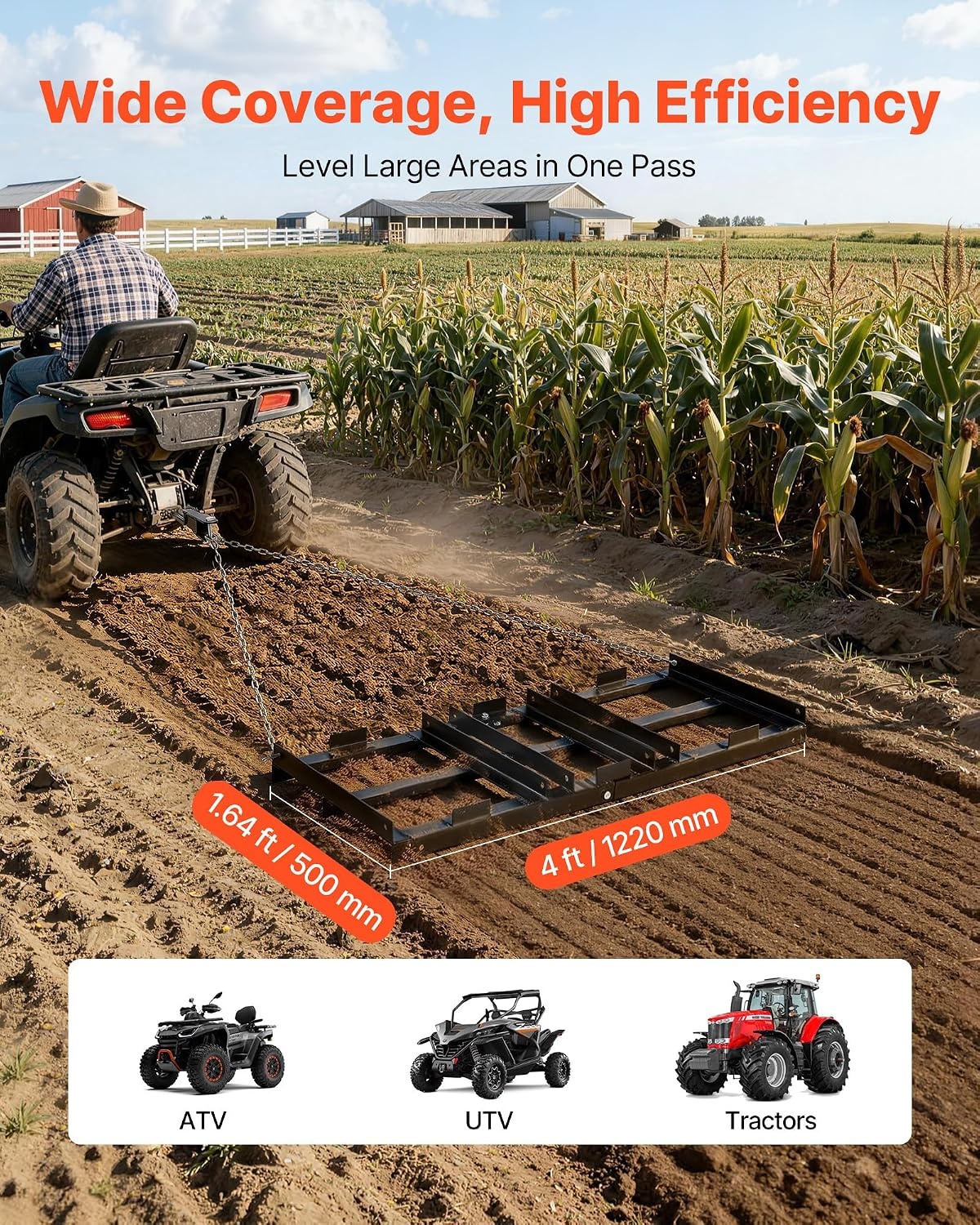 image:imageVEVOR Drag Harrow 8 ft Heavy Duty Tow Behind Drag Harrow with Adjustable Bars amp 72 in Chain Driveway Grader Landscape Rake for ATV UTV Tractor Mower Tow Behind Yard Lawn Leveling Tool4 FT Black