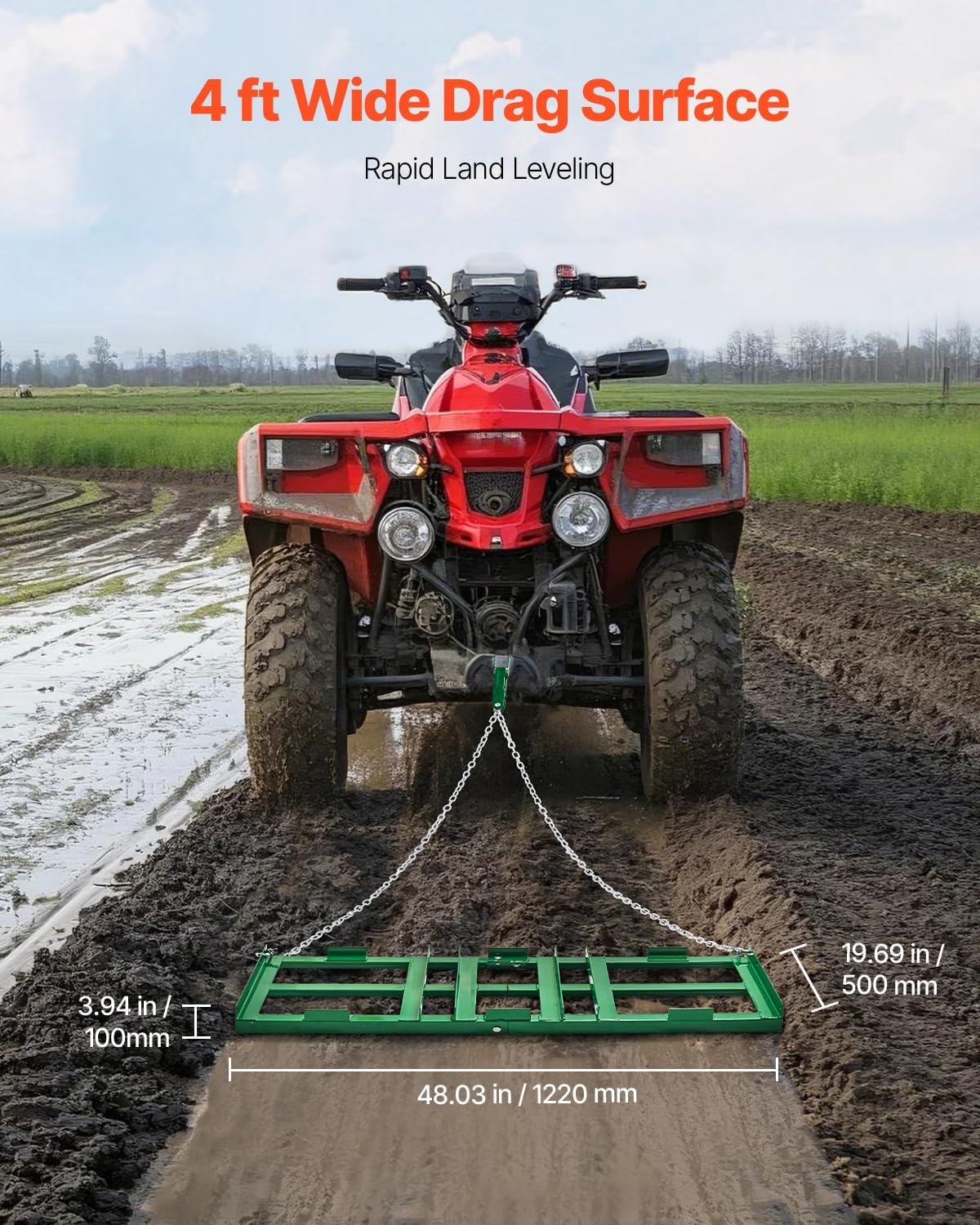 image:imageVEVOR Drag Harrow 8 ft Heavy Duty Tow Behind Drag Harrow with Adjustable Bars amp 72 in Chain Driveway Grader Landscape Rake for ATV UTV Tractor Mower Tow Behind Yard Lawn Leveling Tool4 FT Green